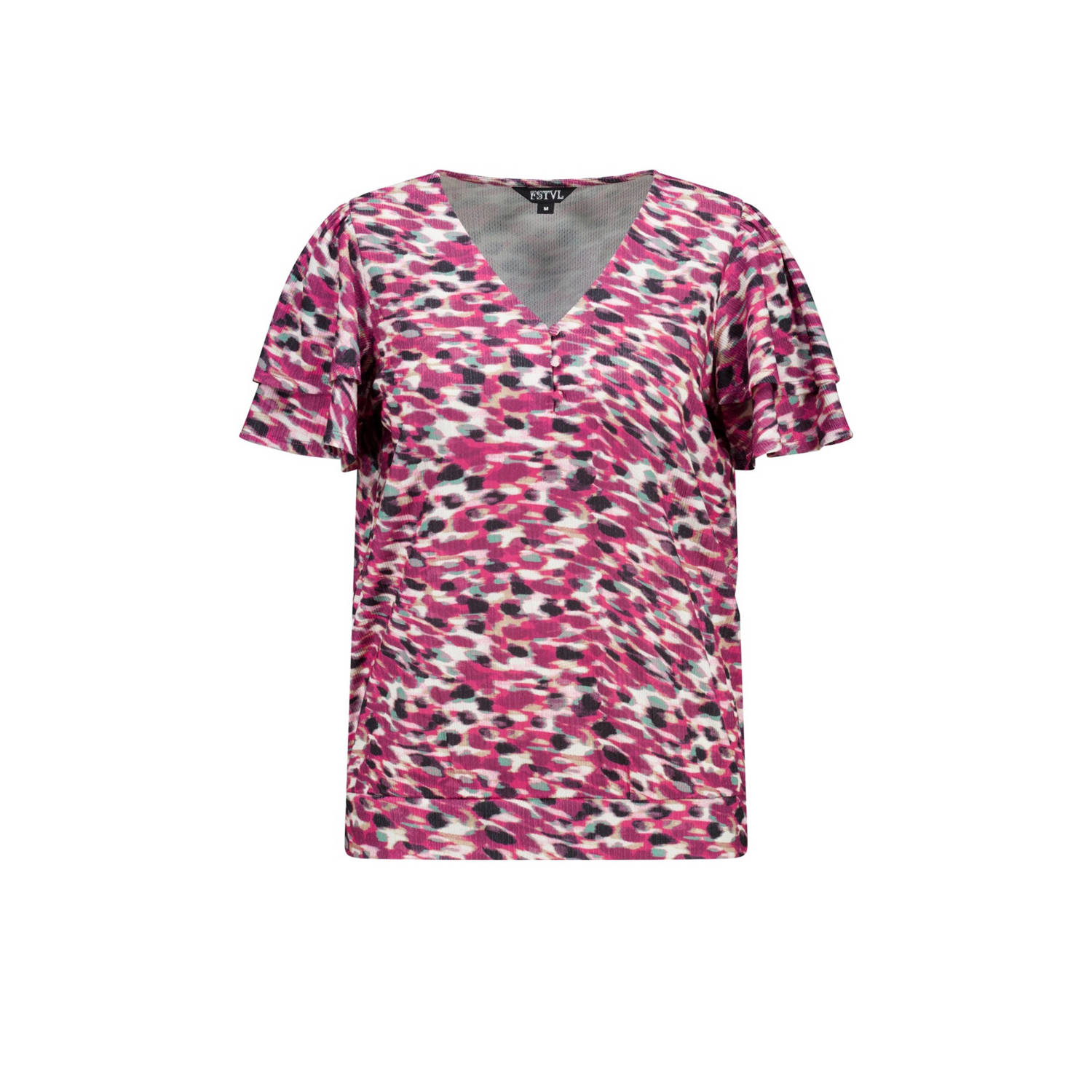 MS Mode blousetop met all over print en ruches roze zwart ecru