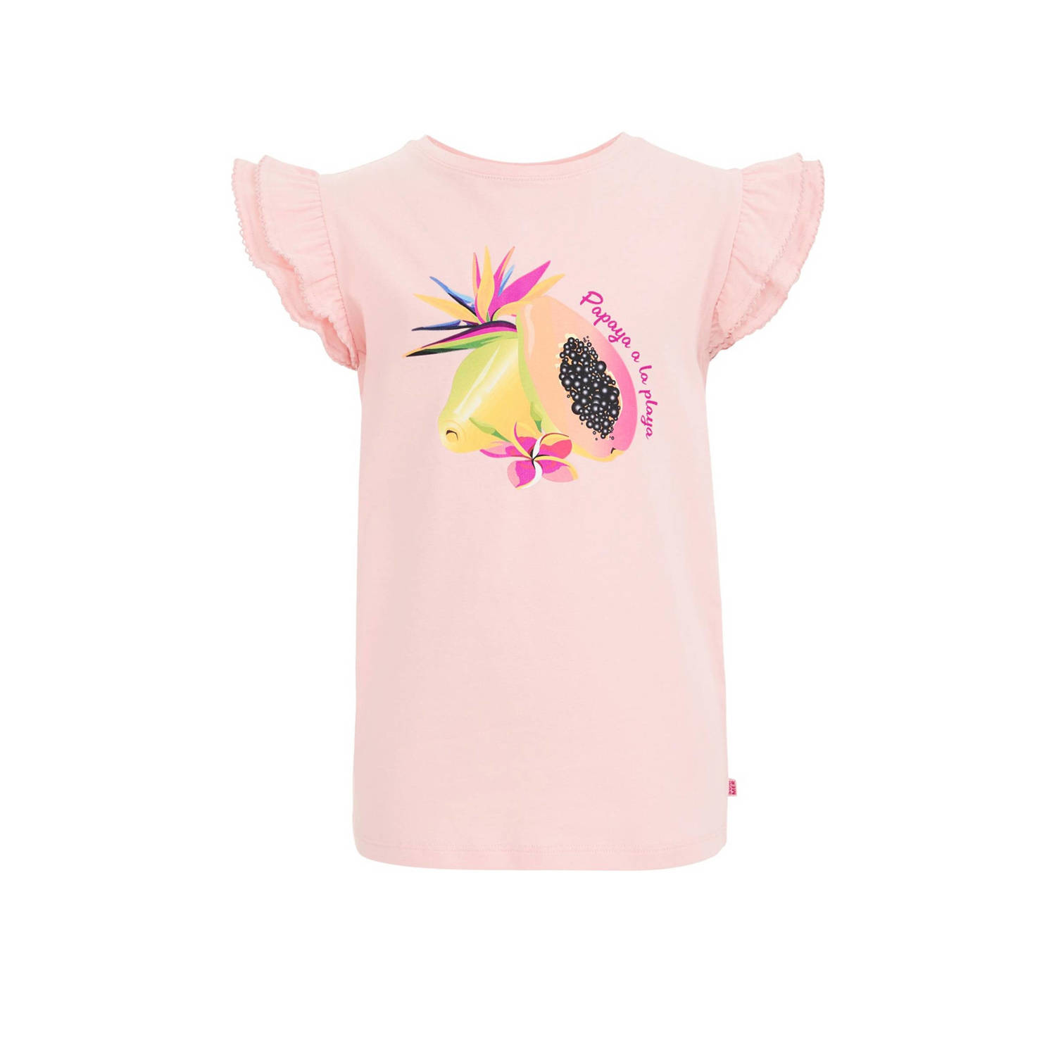 WE Fashion T-shirt met printopdruk en ruches lichtroze Meisjes Stretchkatoen Ronde hals 110 116