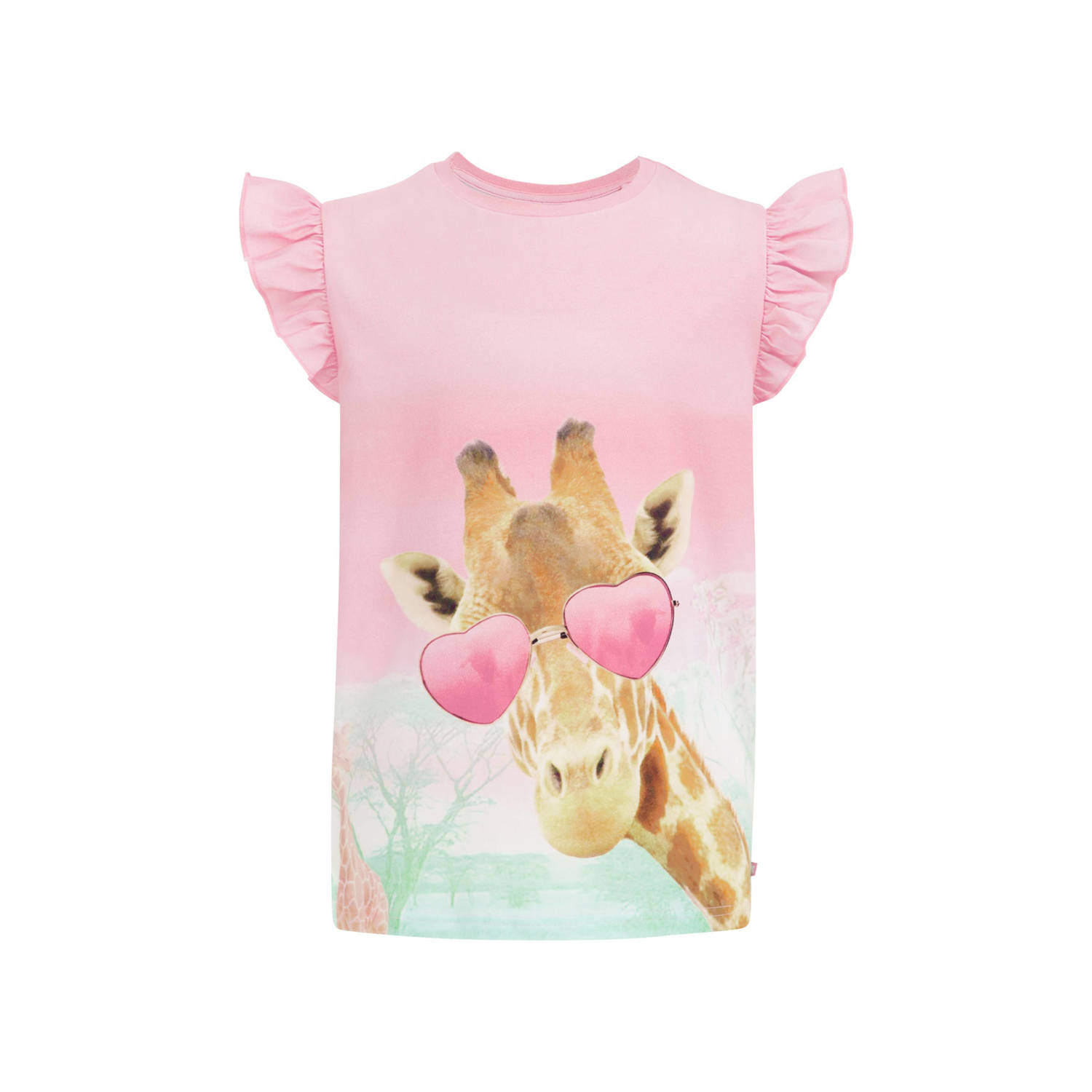 WE Fashion T-shirt met printopdruk en ruches roze Meisjes Katoen Ronde hals 146 152