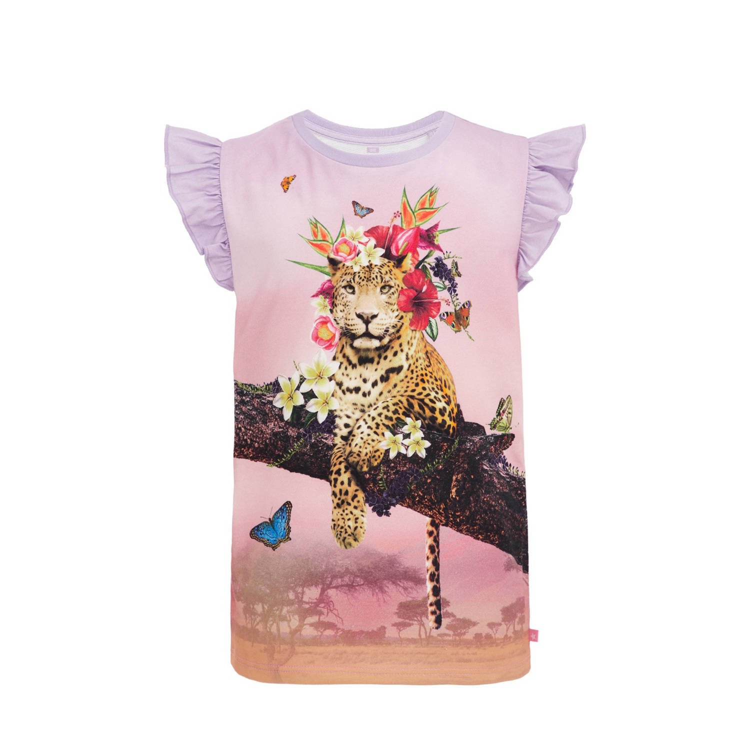 WE Fashion T-shirt met printopdruk en ruches multi Roze Meisjes Katoen Ronde hals 146 152