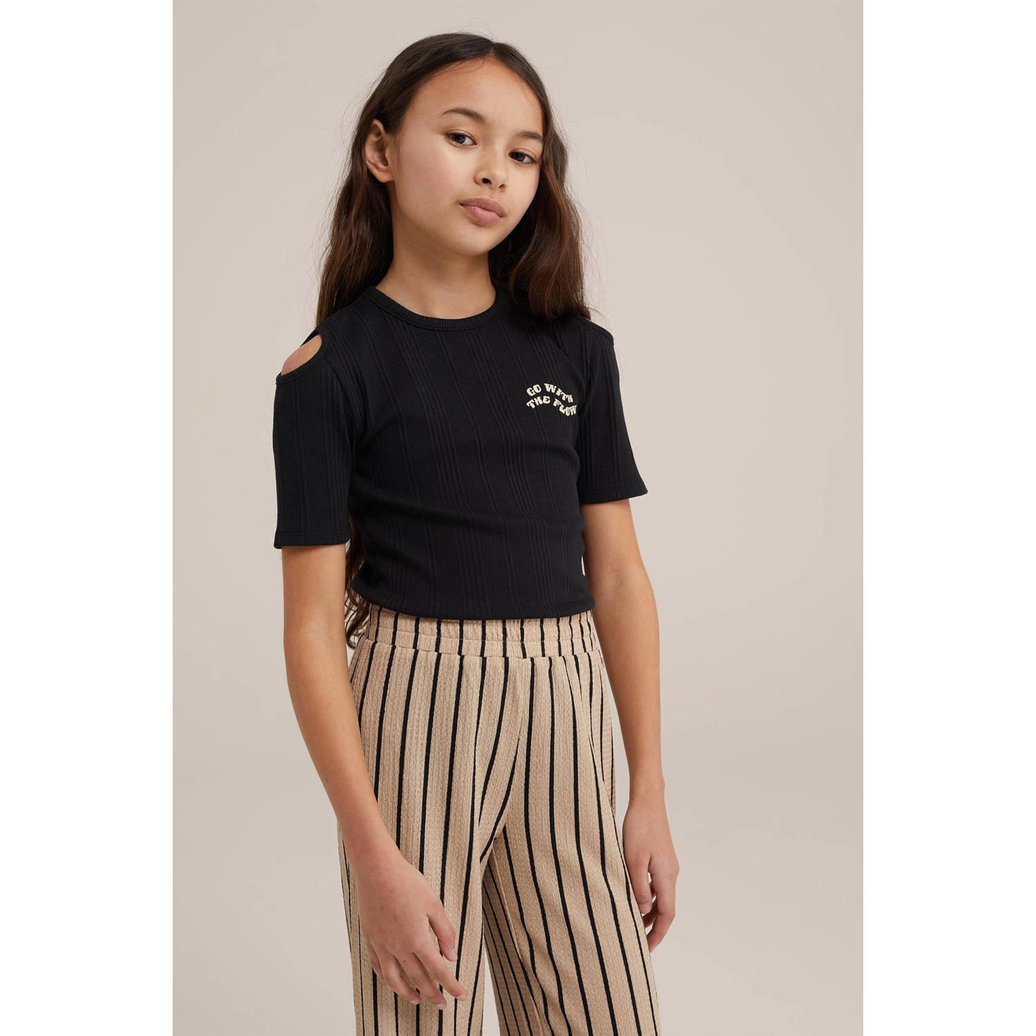 WE Fashion T-shirt zwart Meisjes Stretchkatoen Ronde hals Effen 110 116