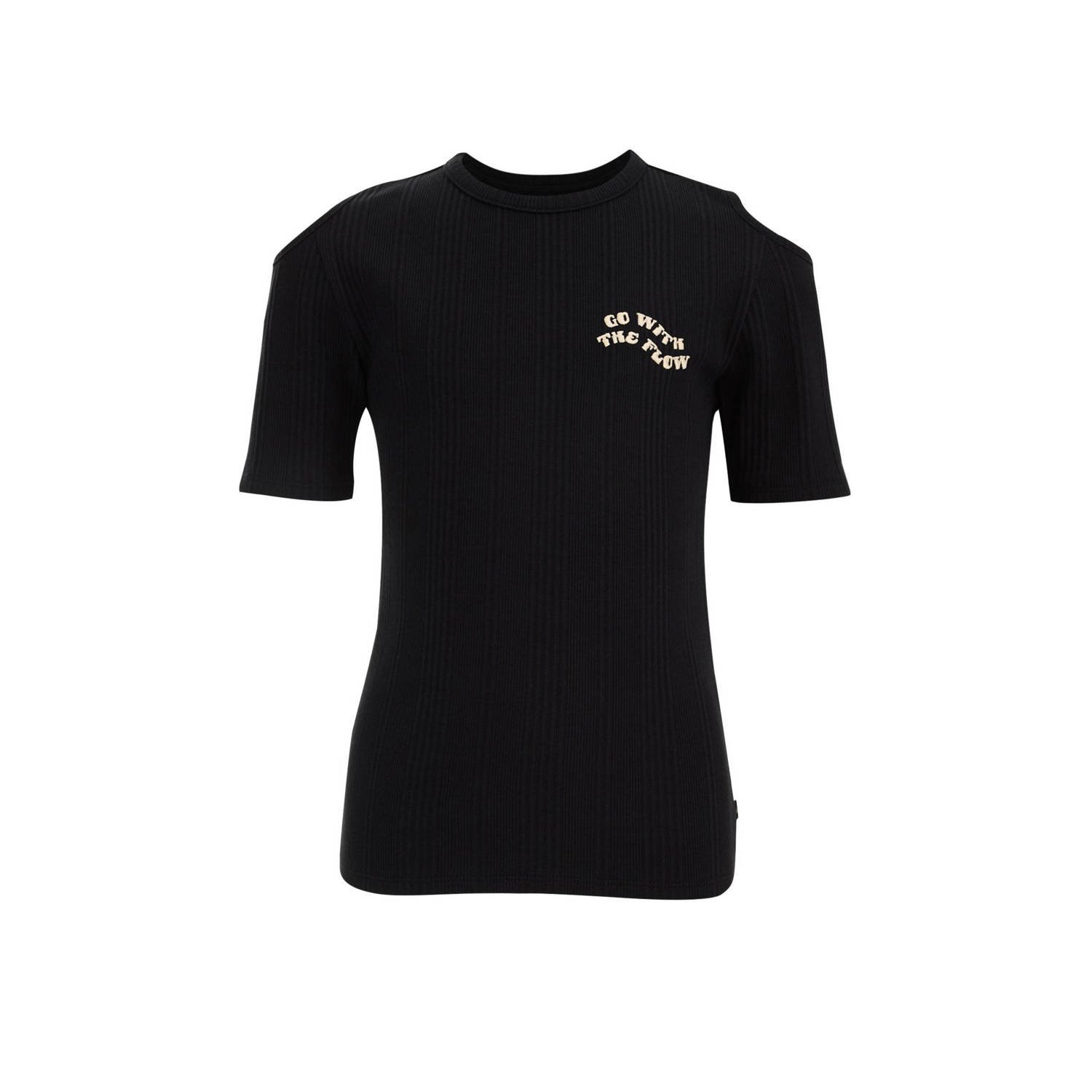 WE Fashion T-shirt zwart Meisjes Stretchkatoen Ronde hals Effen 146 152