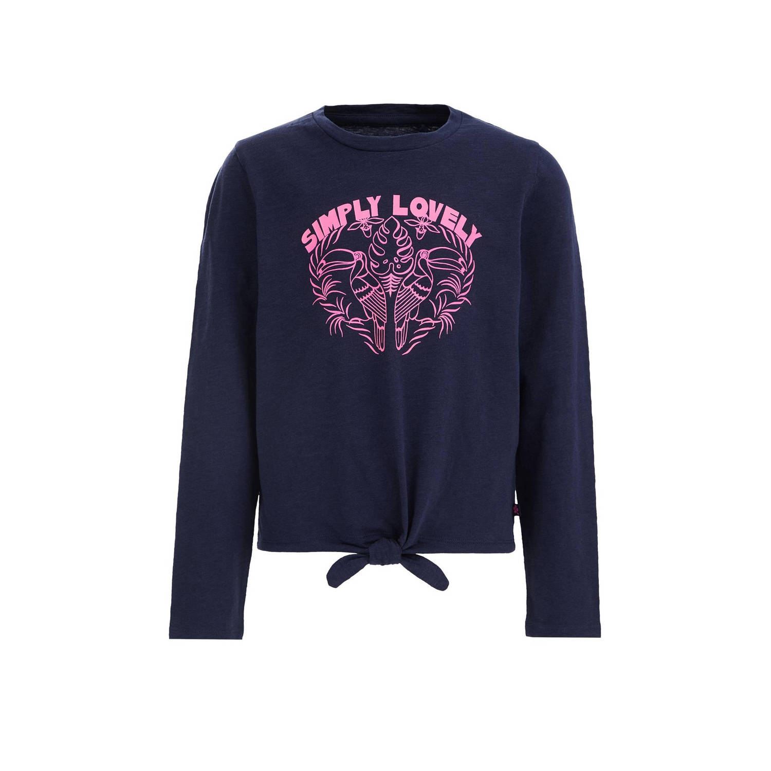 WE Fashion longsleeve met printopdruk donkerblauw Meisjes Katoen Ronde hals 170 176