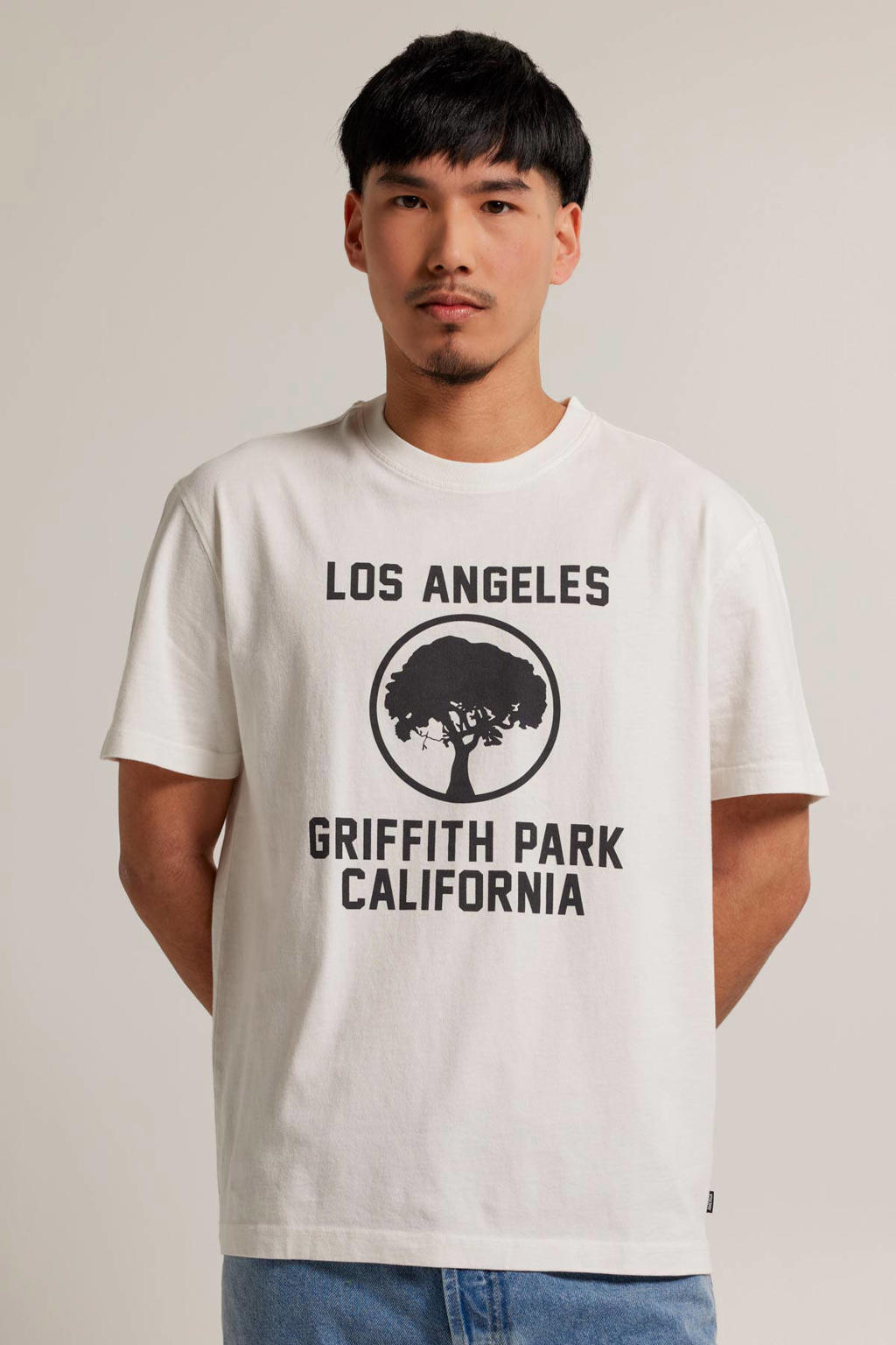 Ecru heren America Today regular fit T-shirt van katoen met printopdruk, korte mouwen en ronde hals