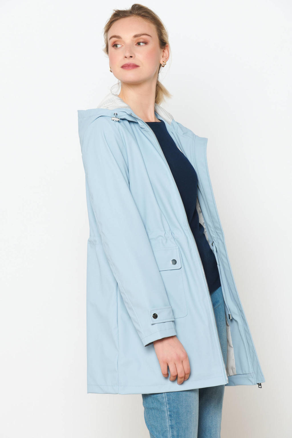 Lichtblauwe dames LOLALIZA regenjas van polyester met effen, lange mouwen, capuchon en ritssluiting