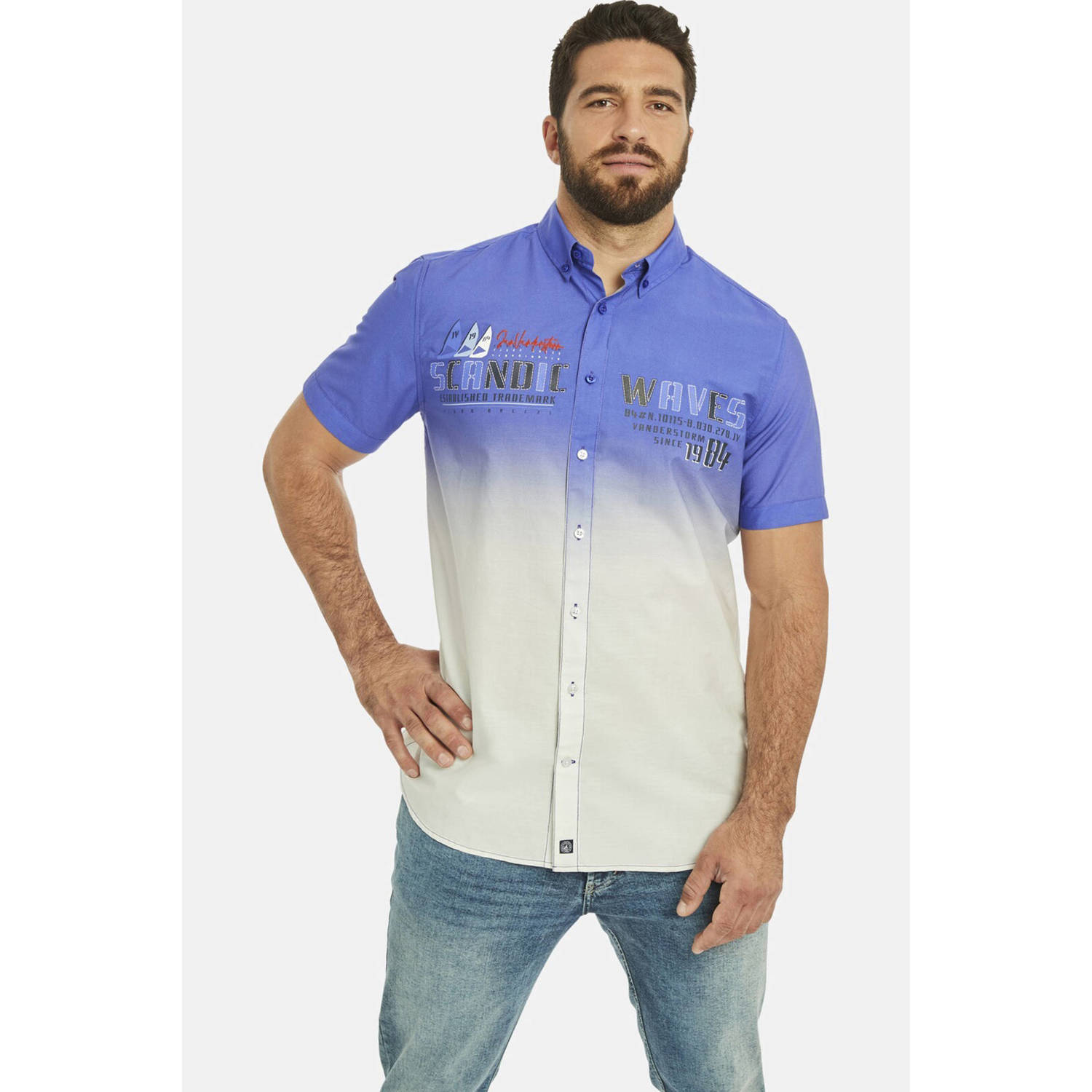 Jan Vanderstorm +FIT Collectie loose fit overhemd ODDI Plus Size met printopdruk blauw wit