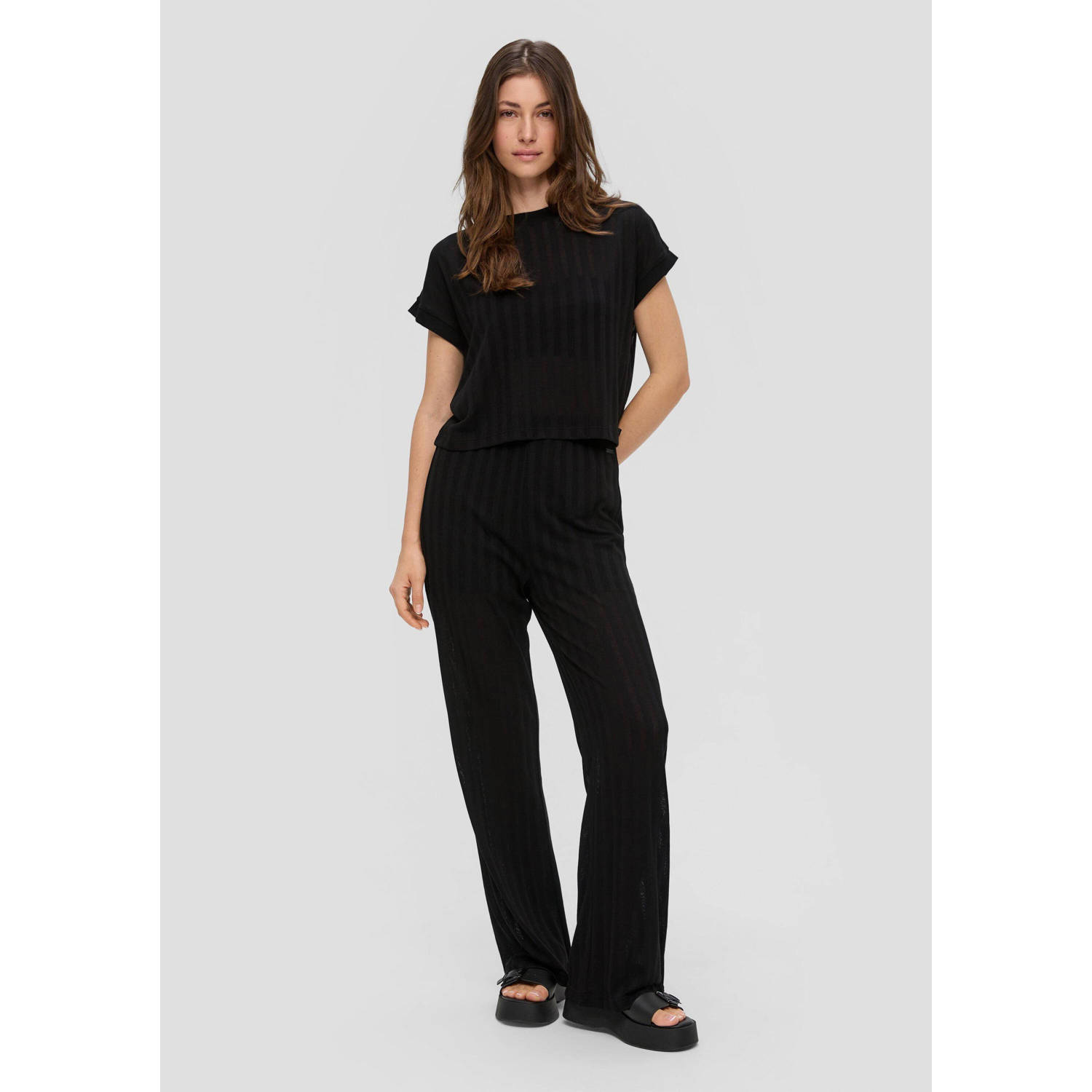 Q S by s.Oliver gestreepte high waist flared broek zwart