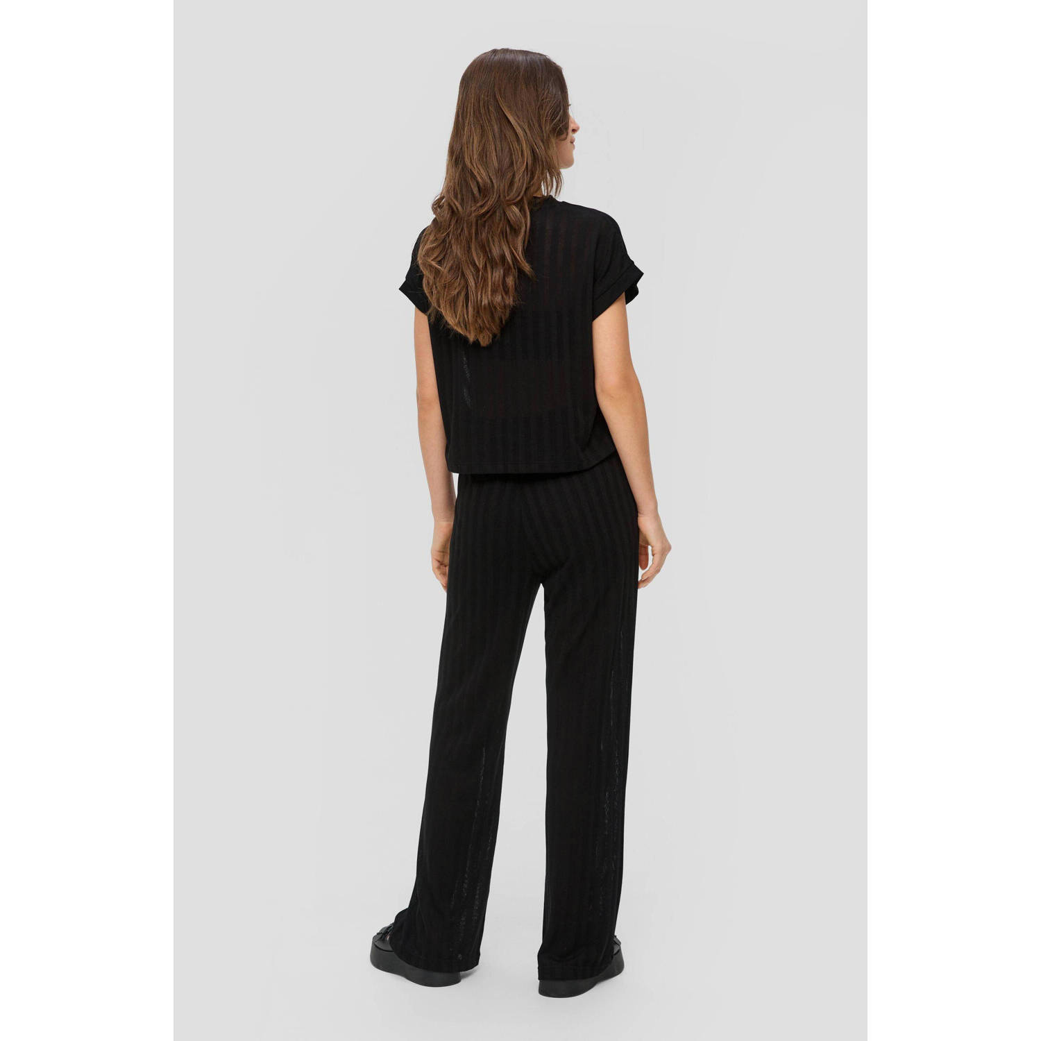 Q S by s.Oliver gestreepte high waist flared broek zwart