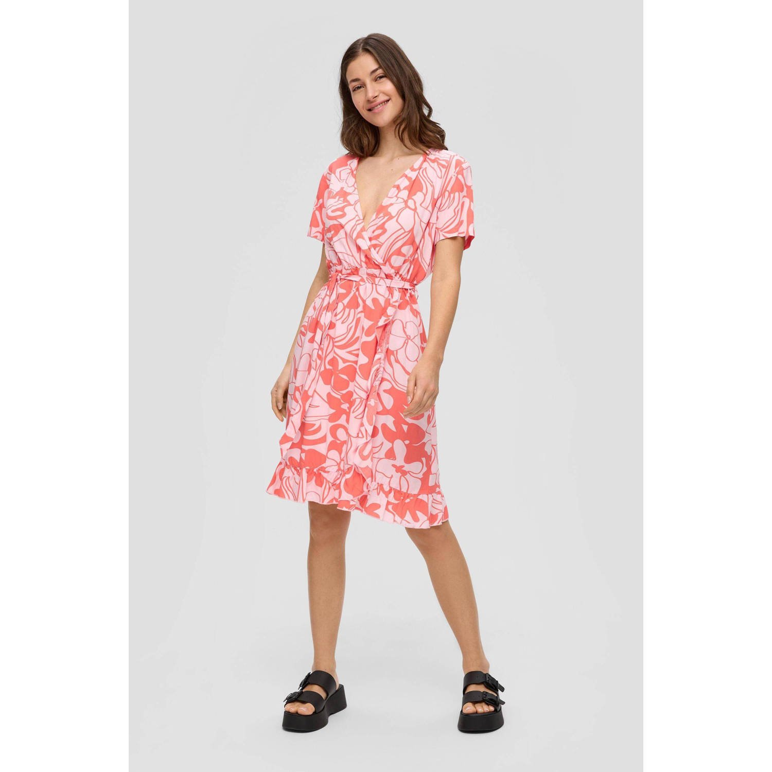 Q S by s.Oliver jurk met all over print en ruches roze rood