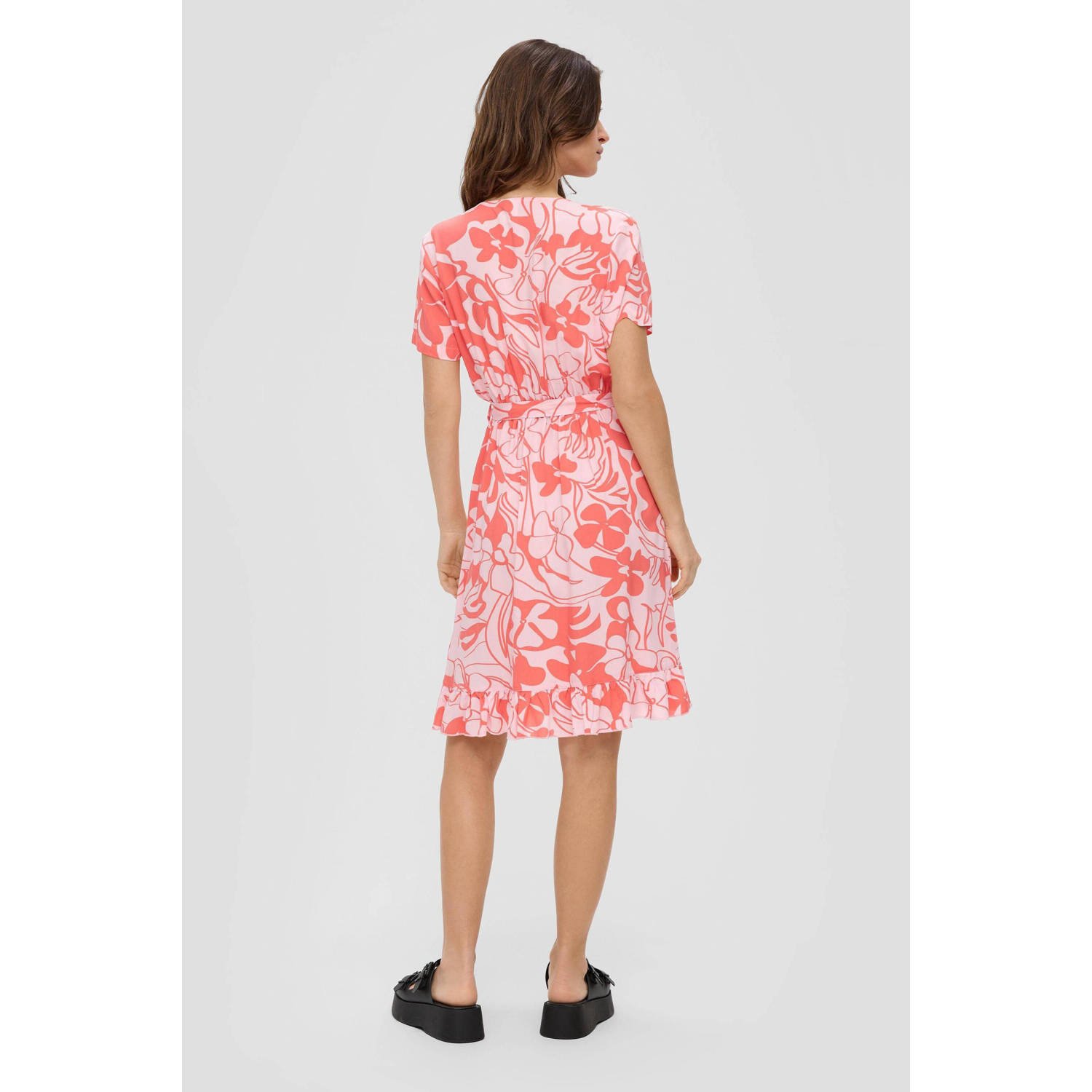 Q S by s.Oliver jurk met all over print en ruches roze rood