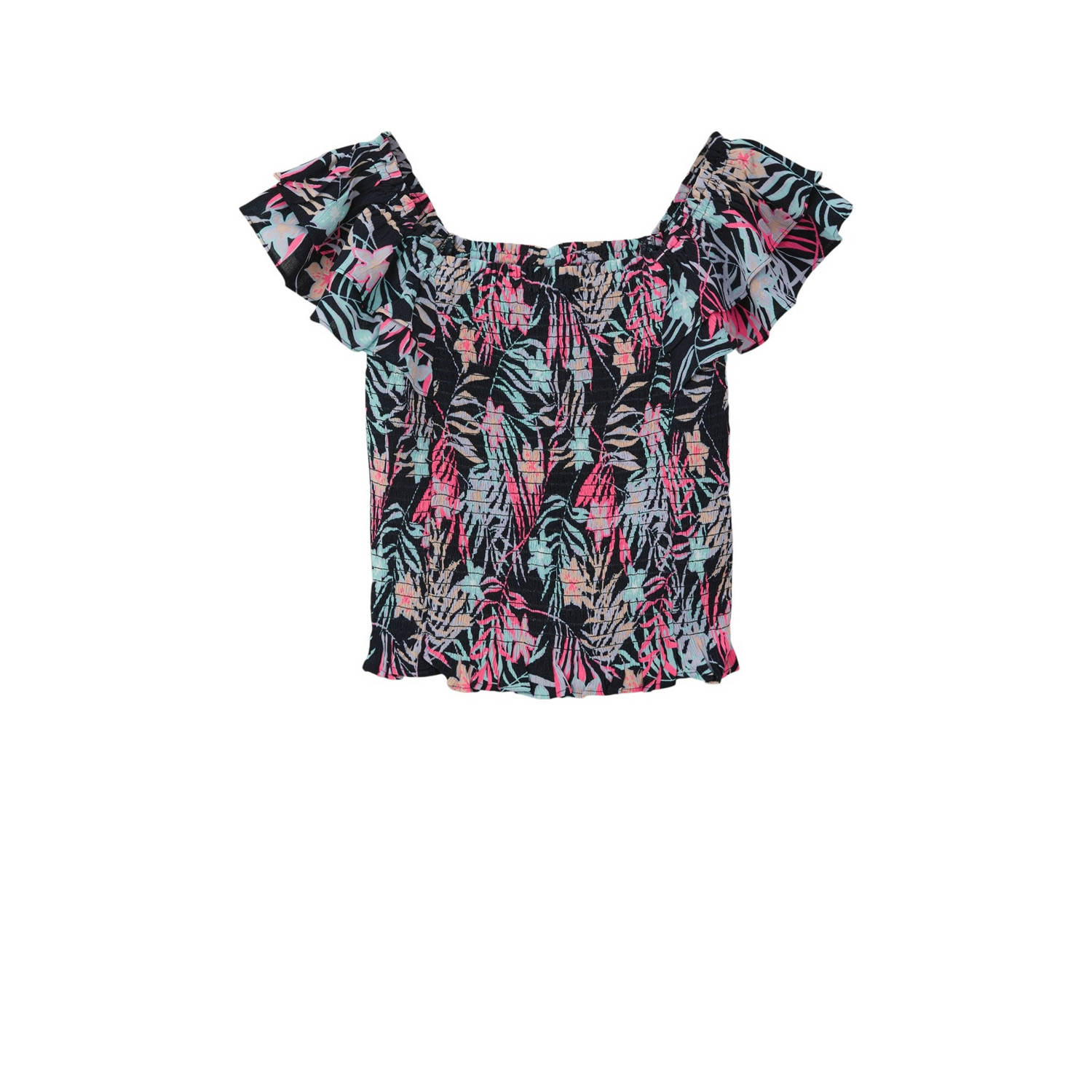 S.Oliver top met all over print en ruches multicolor Meisjes Viscose Vierkante hals 134 140