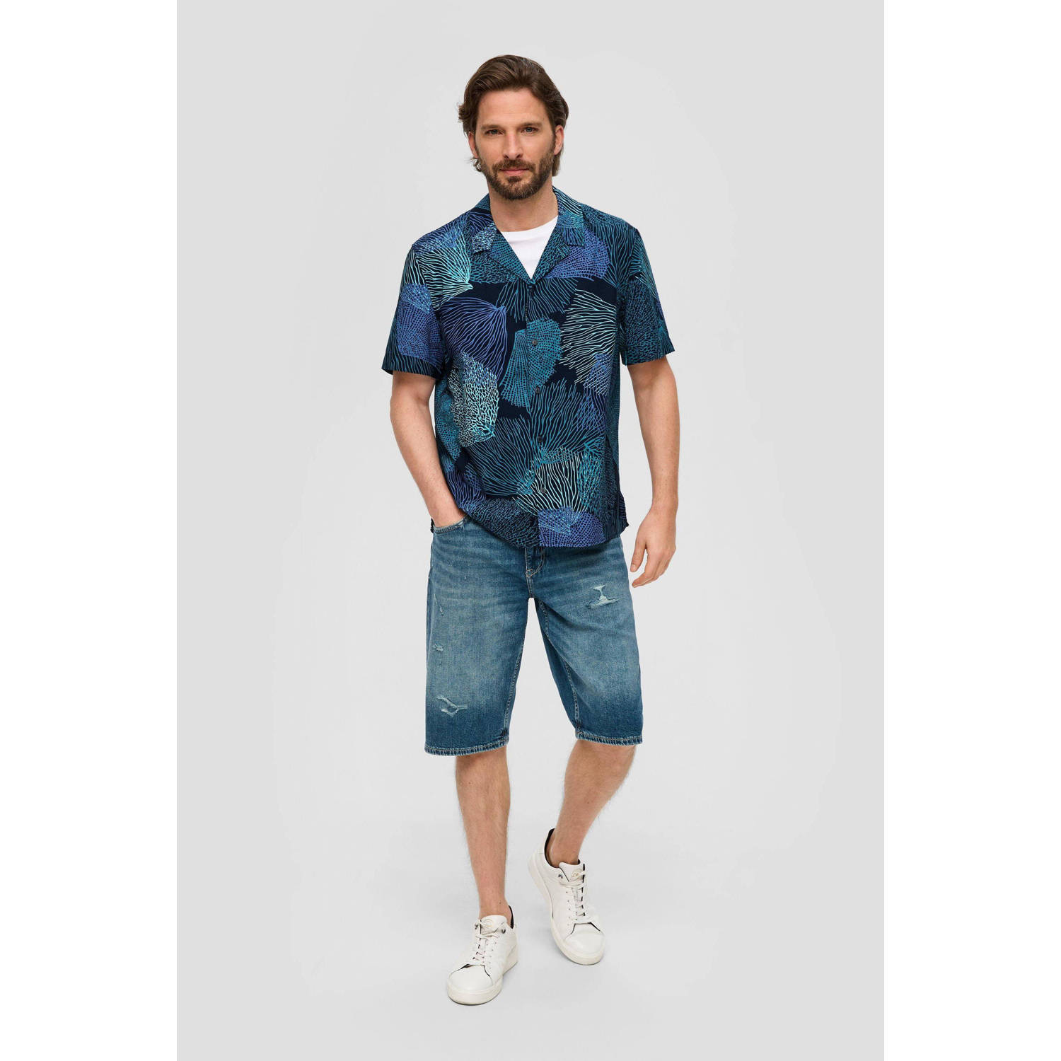 s.Oliver slim fit overhemd met all over print blauw