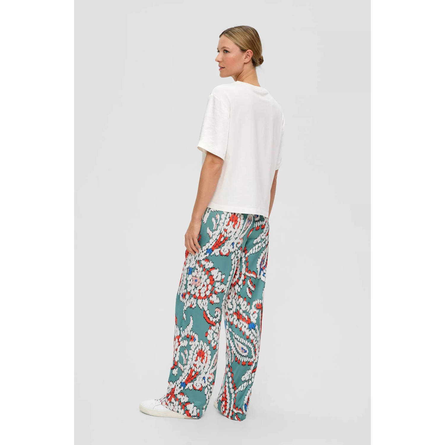 s.Oliver wide leg pantalon met all over print groen koraalrood ecru