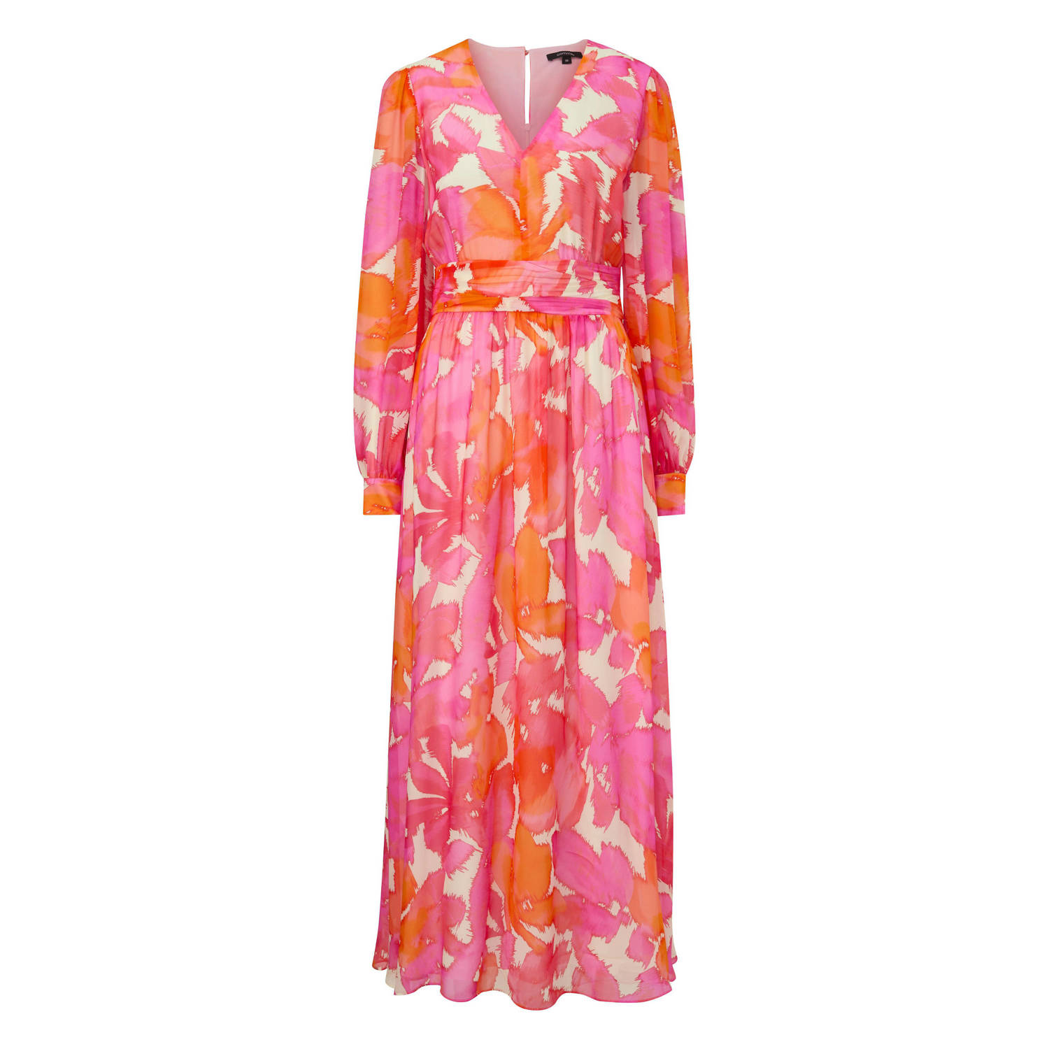 Comma maxi jurk met all over print en open detail roze oranje ecru