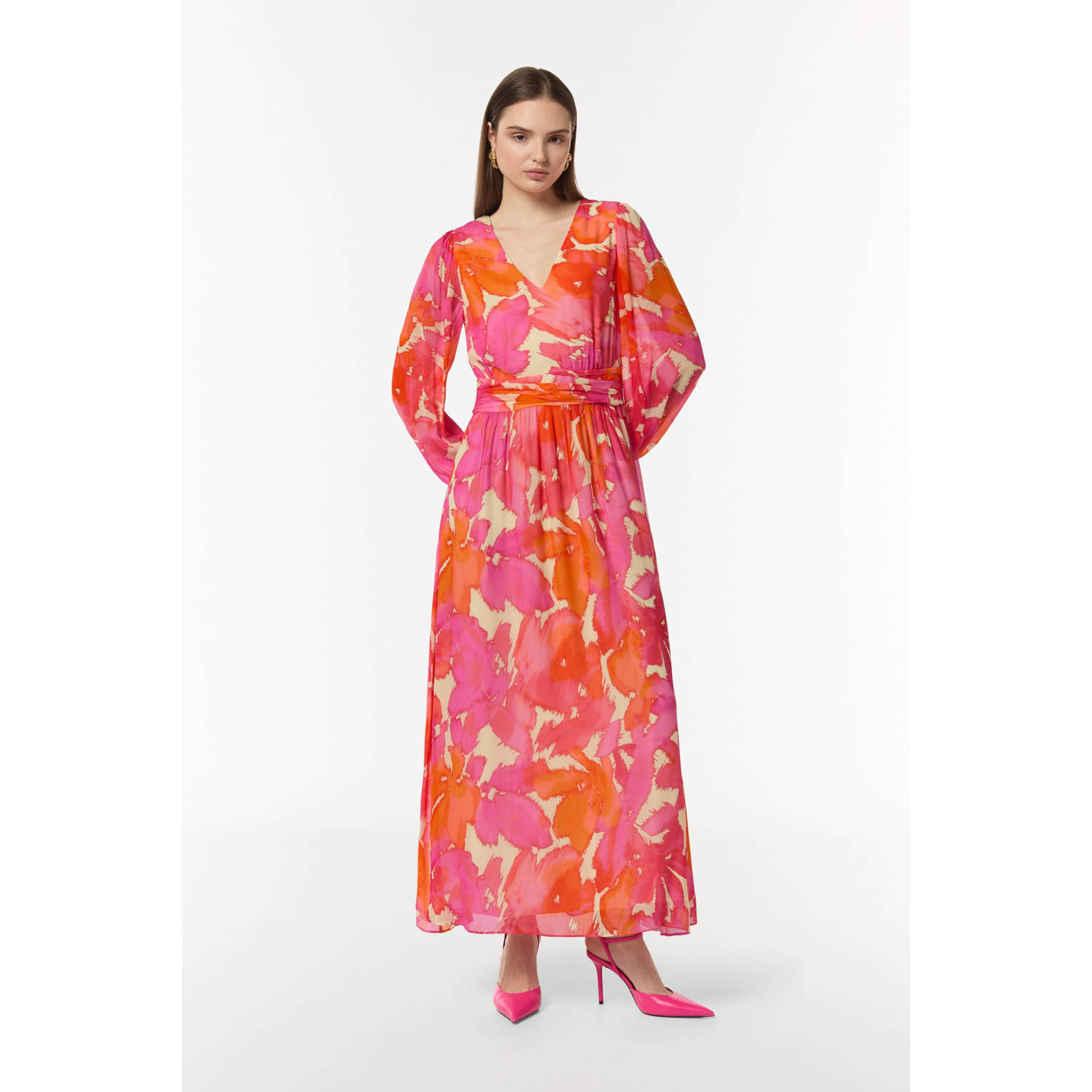 comma maxi jurk met all over print en open detail roze oranje ecru