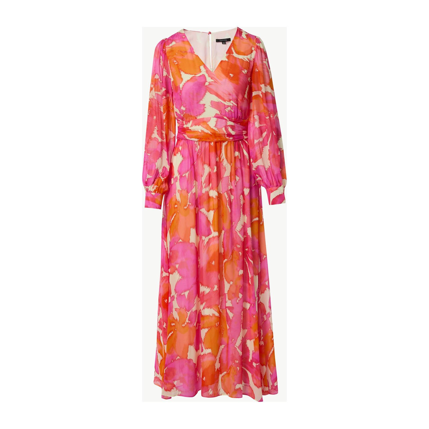 comma maxi jurk met all over print en open detail roze oranje ecru