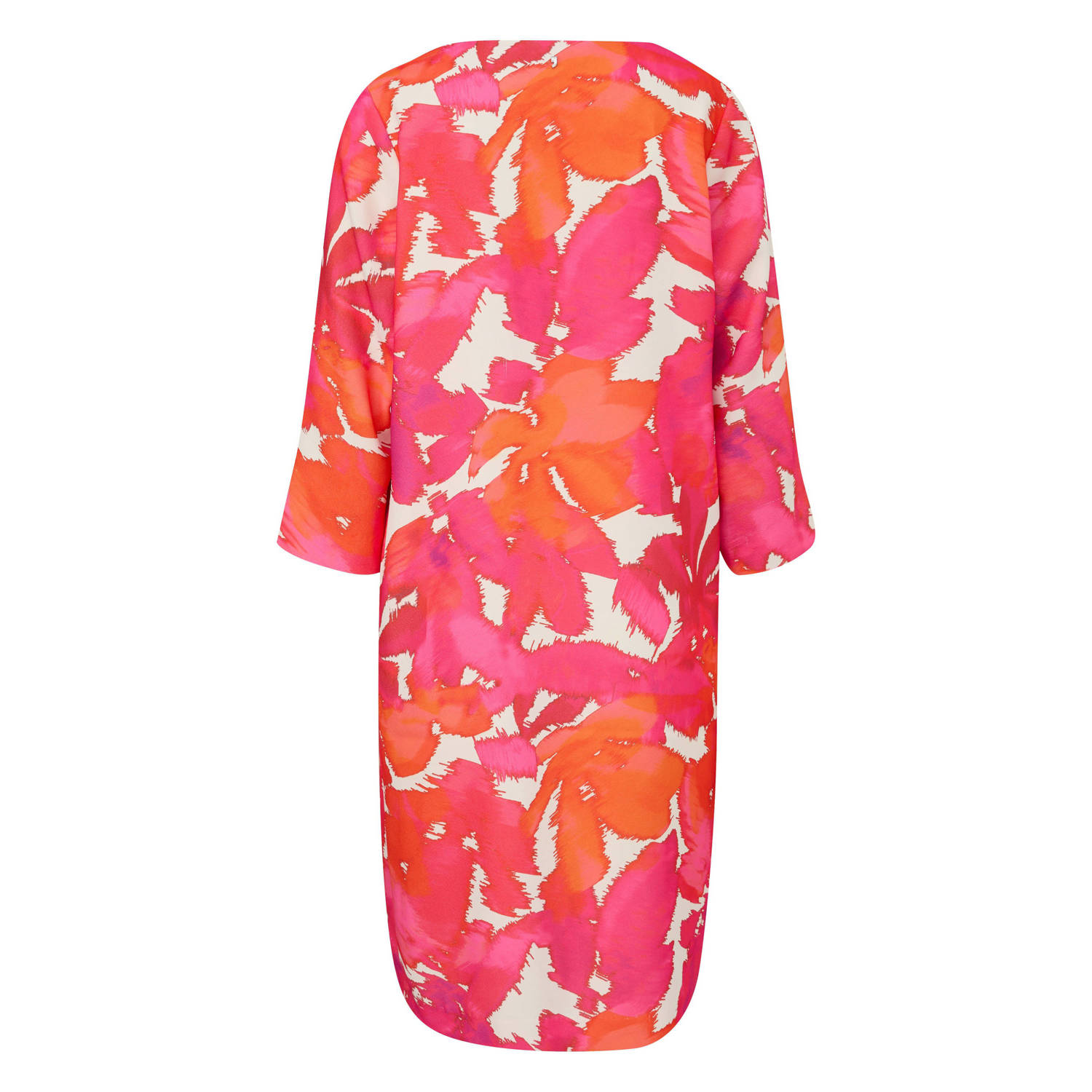 comma jurk met all over print roze oranje ecru