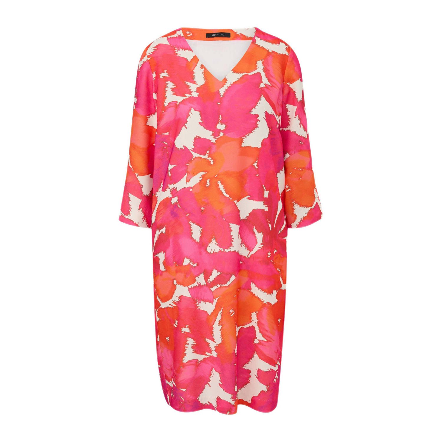 comma jurk met all over print roze oranje ecru