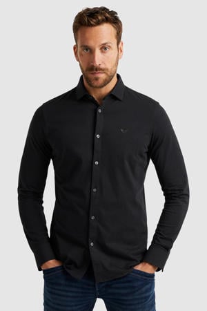 regular fit satin jersey overhemd met logo zwart