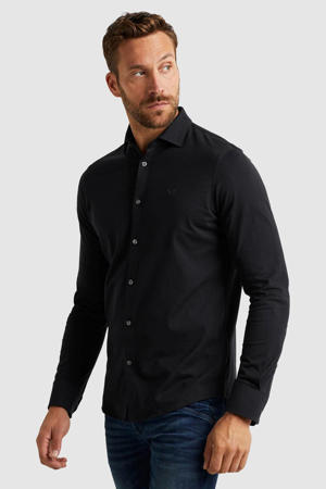 regular fit satin jersey overhemd met logo zwart