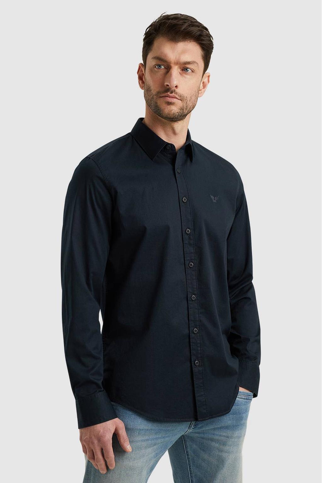 Donkerblauwe heren PME Legend regular fit overhemd van katoen met logo dessin, lange mouwen en klassieke kraag