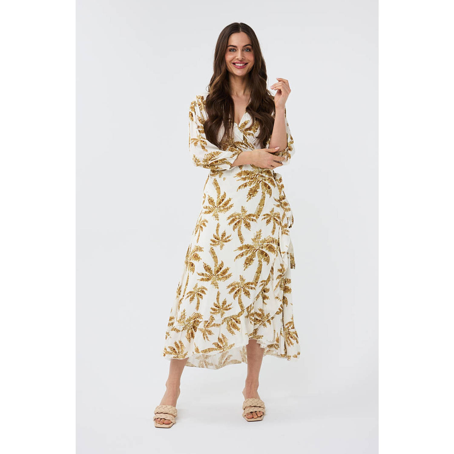 Esqualo wikkeljurk met all over print en pailletten ecru goud