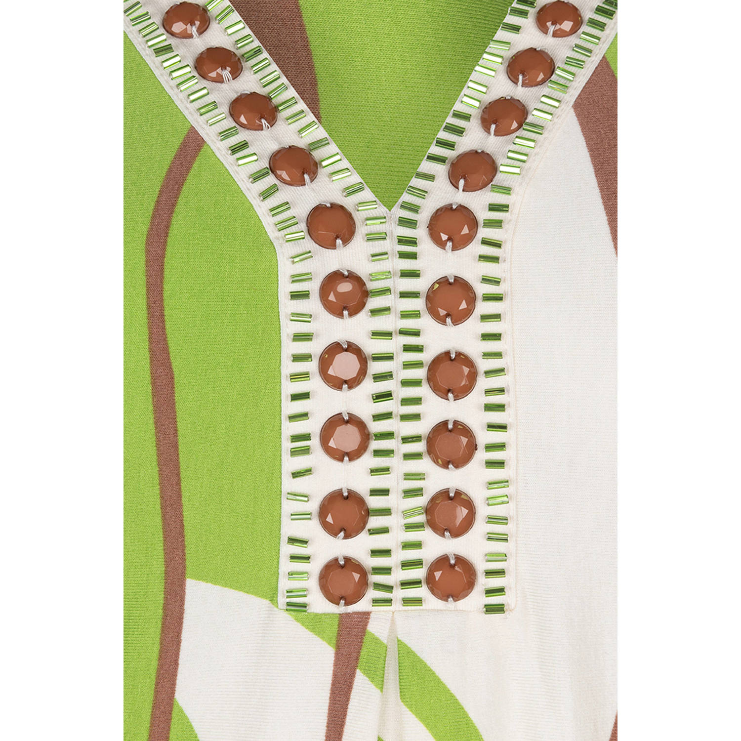 Esqualo jurk met all over print en kraaltjes groen ecru bruin