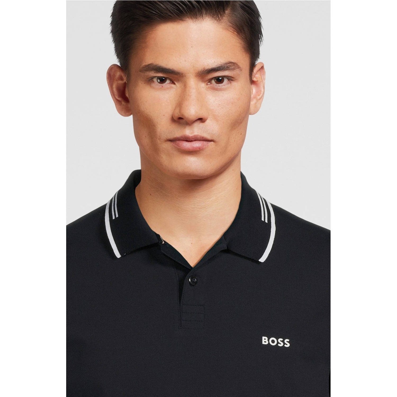BOSS slim fit polo Paul met contrastbies dark blue