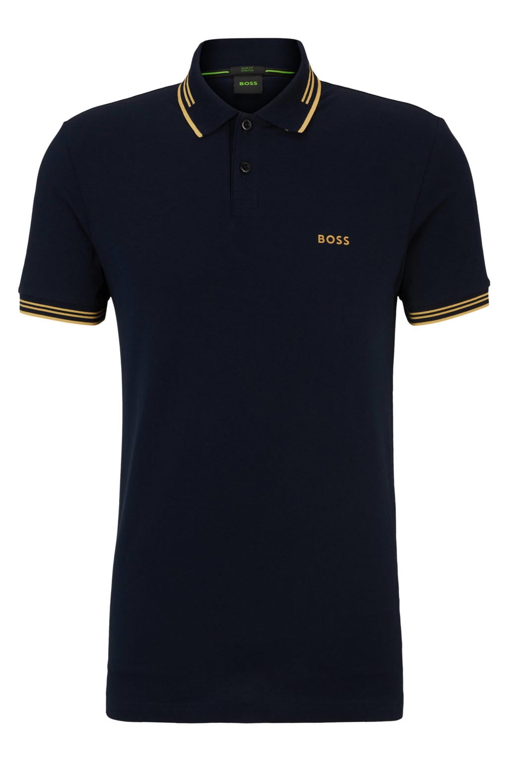Donkerblauwe heren BOSS slim fit polo Paul dark blue van katoen met logo dessin, korte mouwen, klassieke kraag en contrast bies