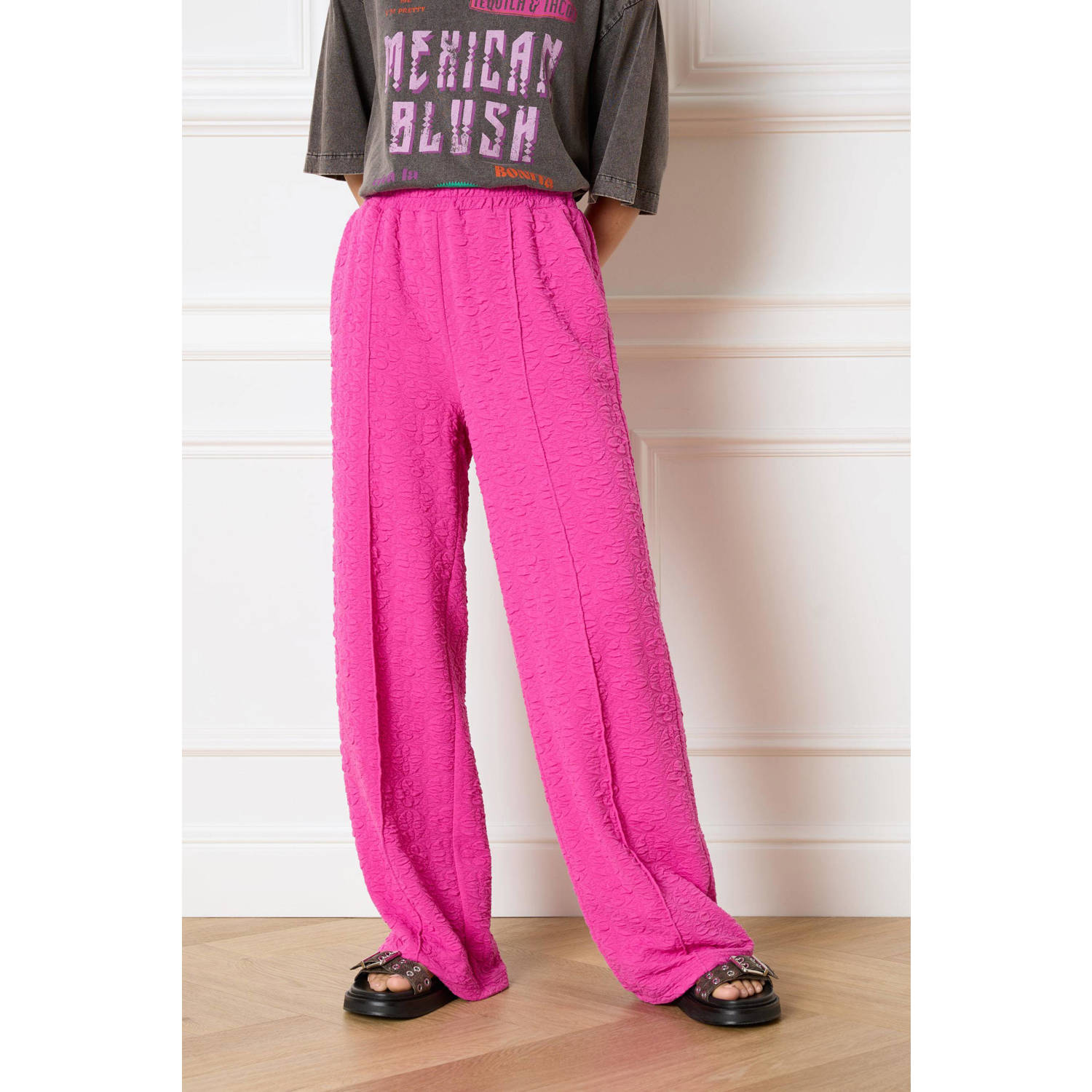 Refined Department high waist wide leg pantalon Rita met ingebreid patroon en textuur fuchsia