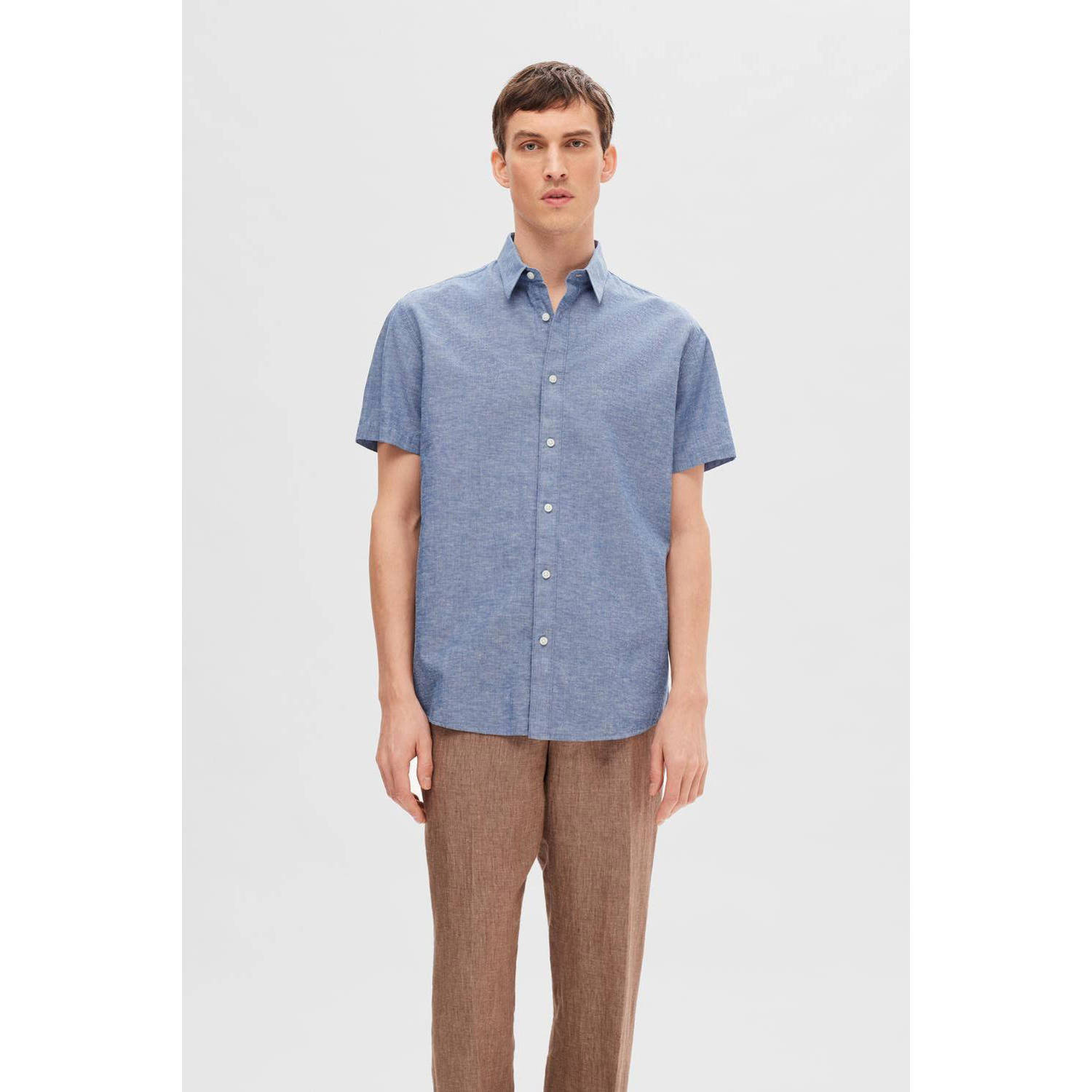 SELECTED HOMME gemêleerd regular fit overhemd SLHREG blauw