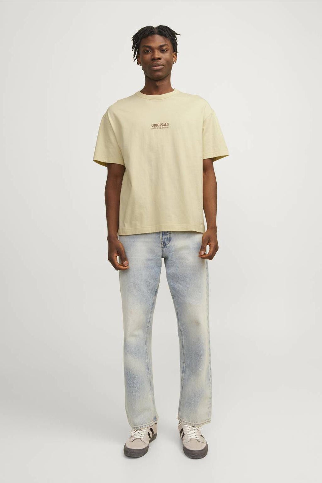 Beige heren JACK & JONES ORIGINALS T-shirt van katoen met korte mouwen en ronde hals