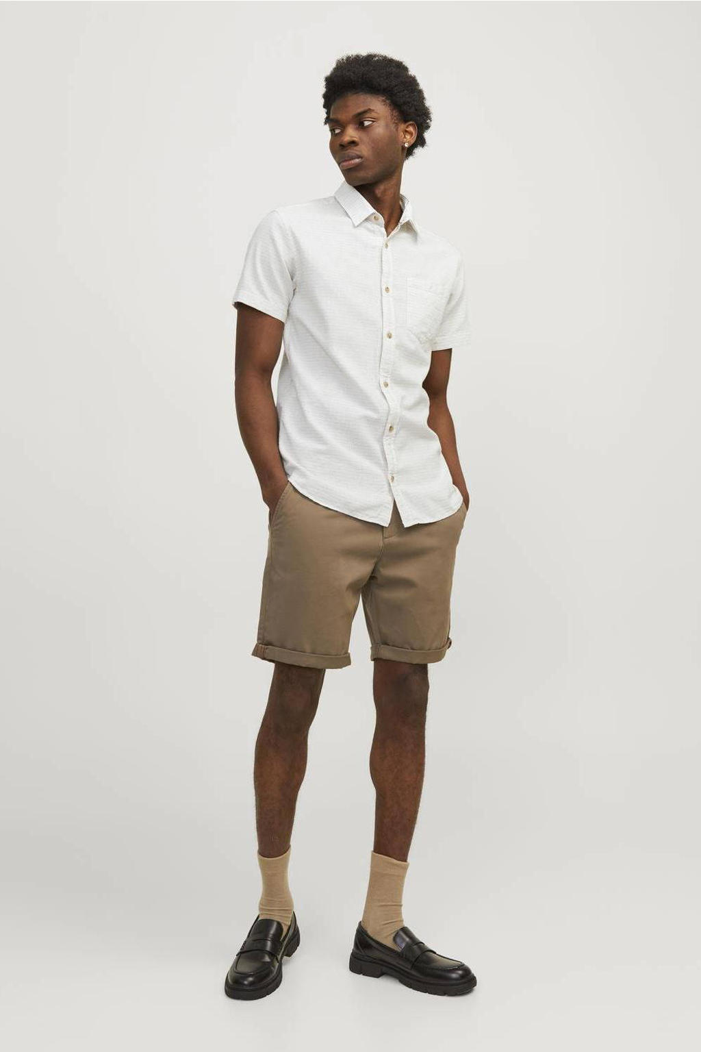 Ecru heren JACK & JONES ESSENTIALS gemêleerd slim fit overhemd van katoen met korte mouwen en klassieke kraag