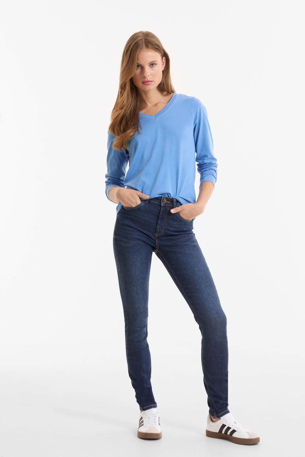 Donkerblauwe dames anytime high waist skinny jeans van denim met rits- en knoopsluiting en effen