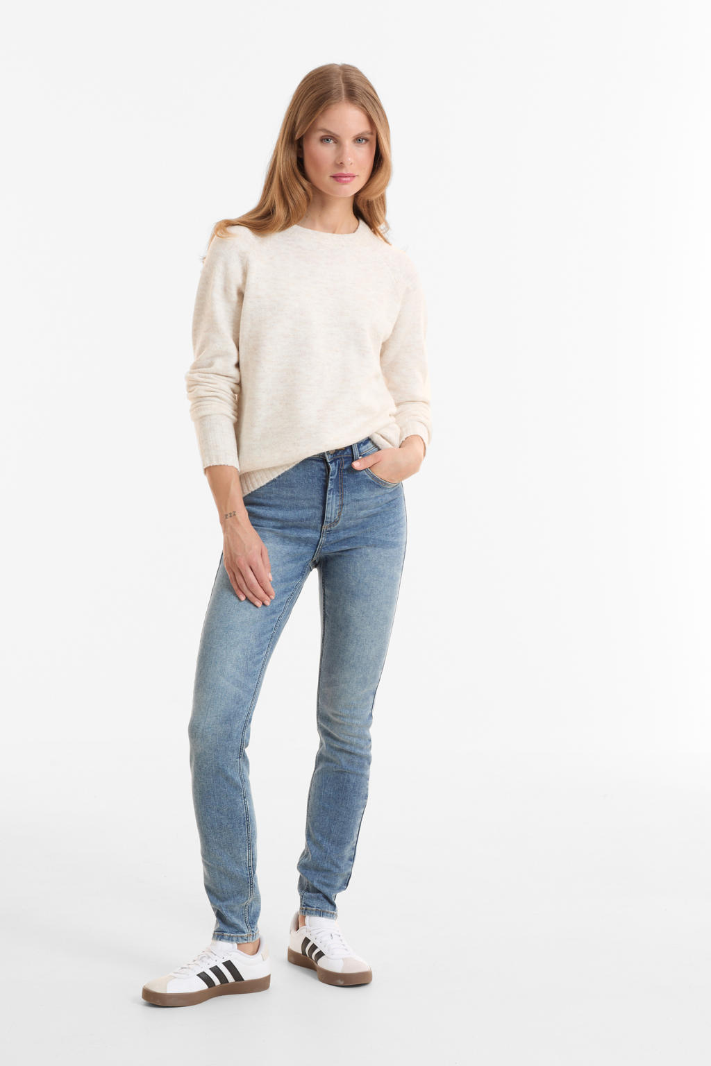 Light blue denim dames Anytime high waist skinny jeans gewassen van denim met rits- en knoopsluiting en effen