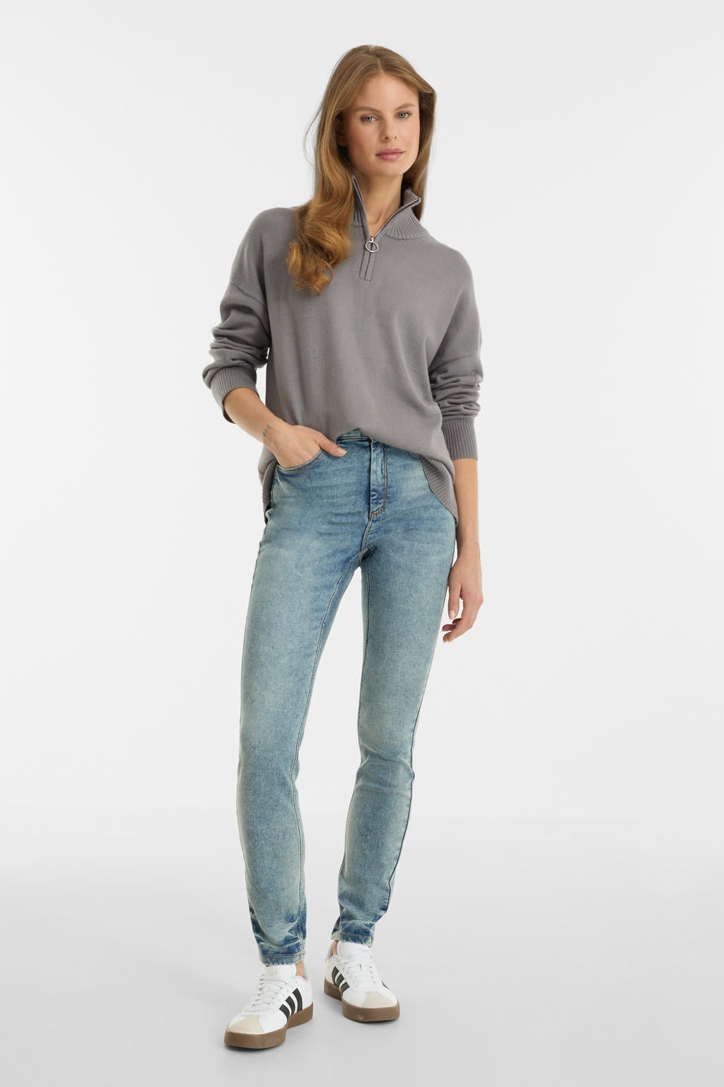 Medium blue denim dames Anytime high waist skinny jeans van denim met rits- en knoopsluiting en effen