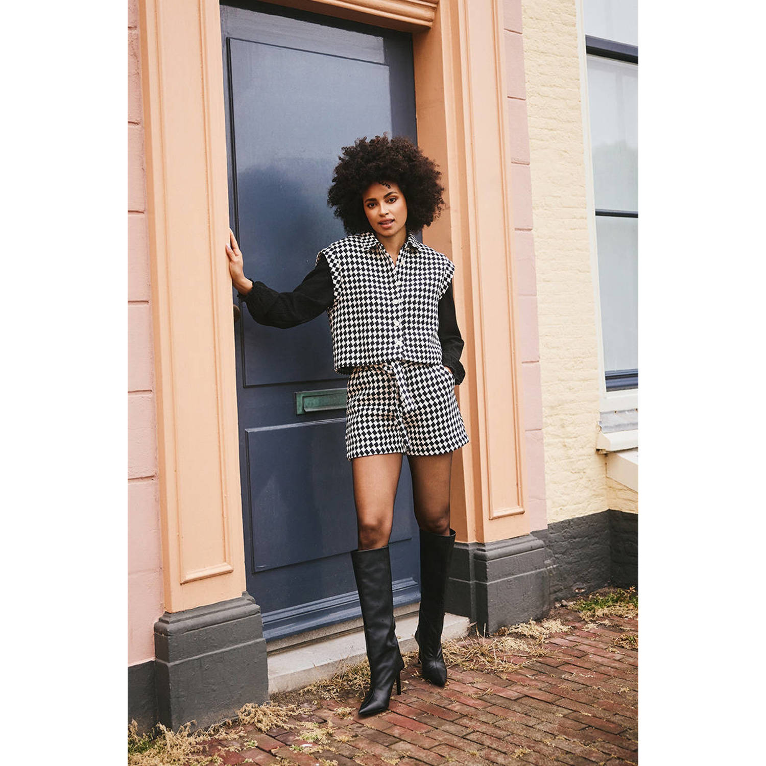 Lofty Manner geruite regular fit short Jianna zwart wit