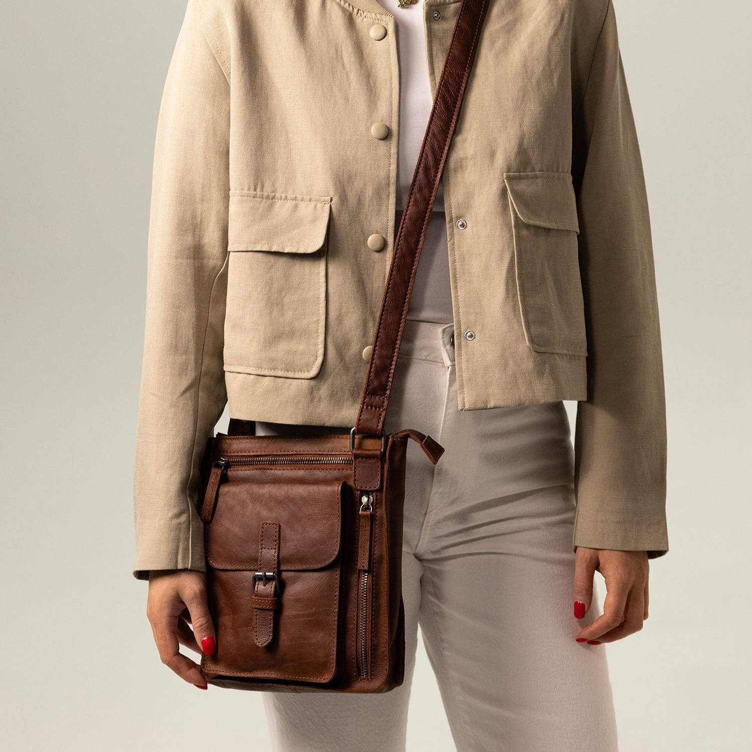 No Stress leren crossbody tas bruin