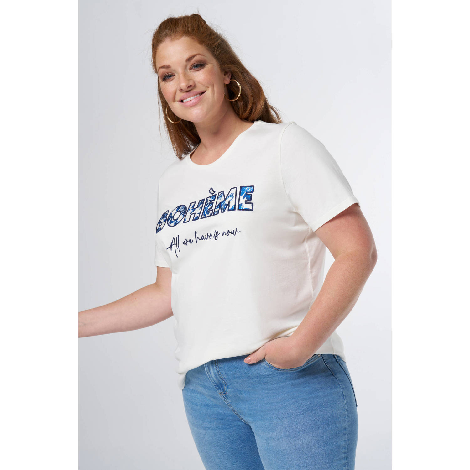 MS Mode T-shirt met tekst ecru lichtblauw