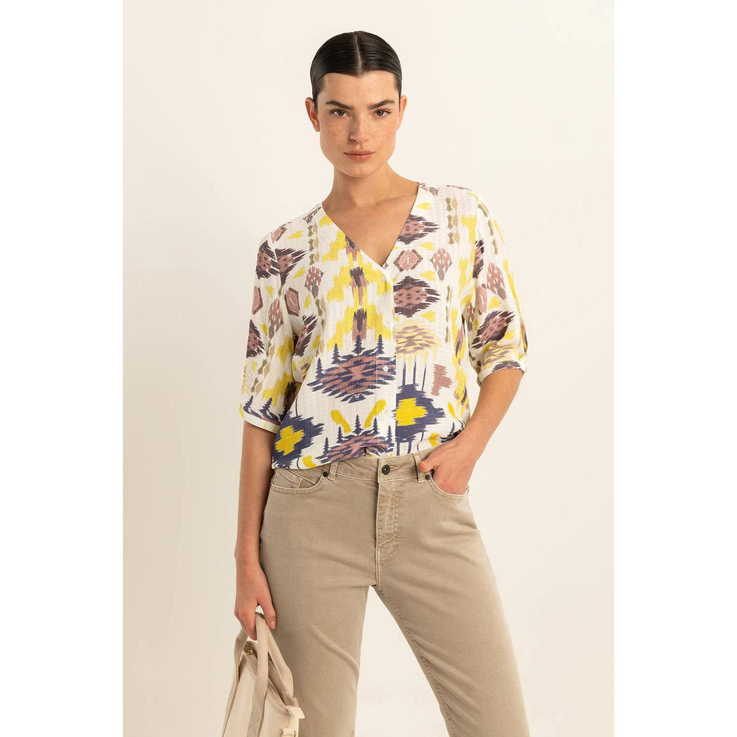 Expresso blouse met all over print ecru geel paars