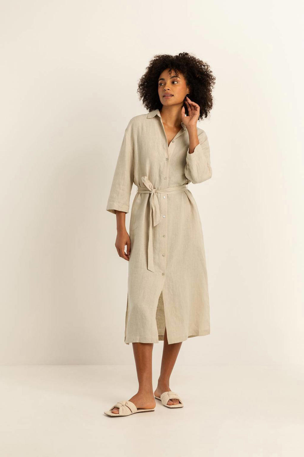 Beige dames Expresso linnen blousejurk met effen, driekwart mouwen, klassieke kraag, knoopsluiting en textuur