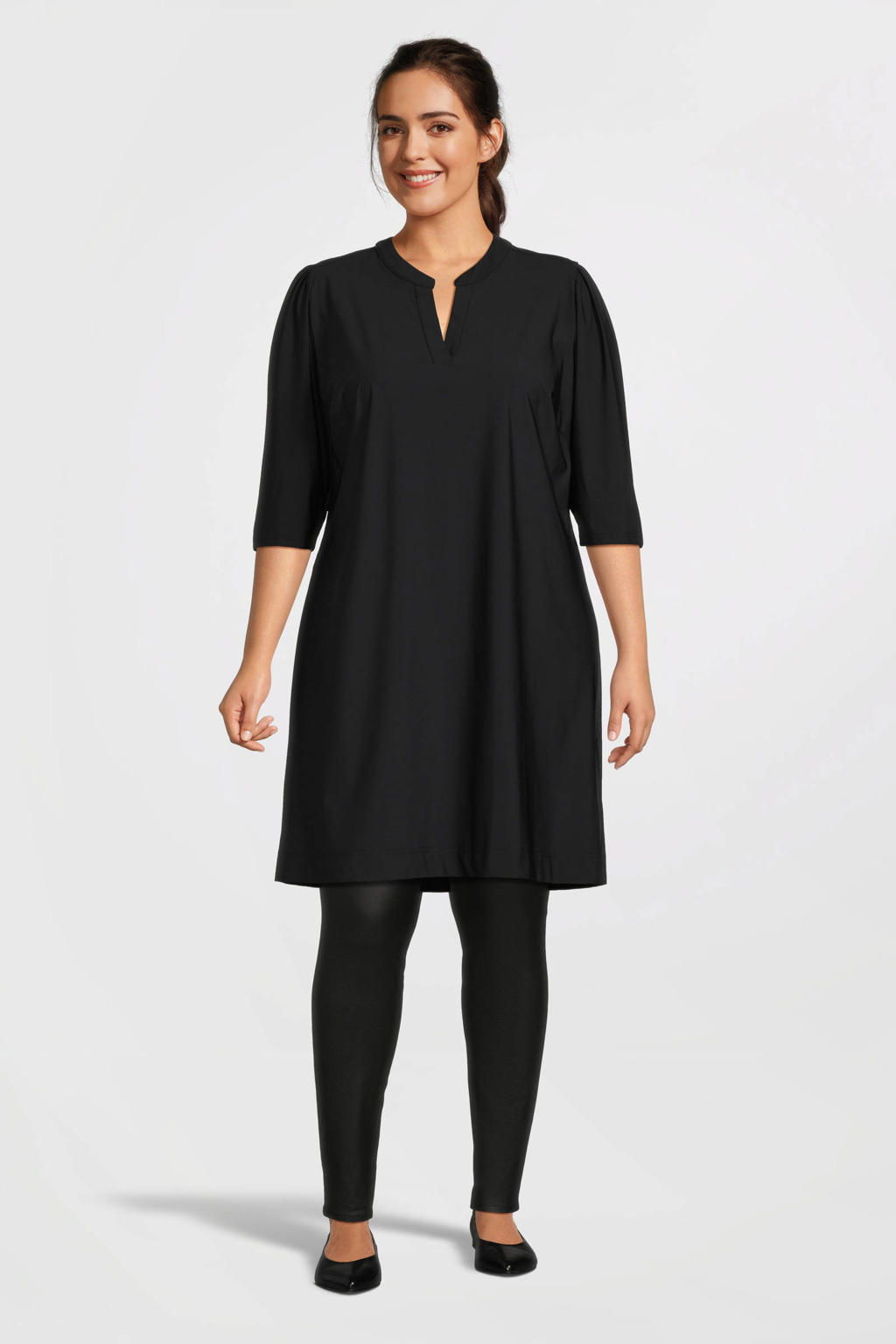 Zwarte dames GREAT LOOKS travel tuniek met effen, half lange mouwen en V-hals