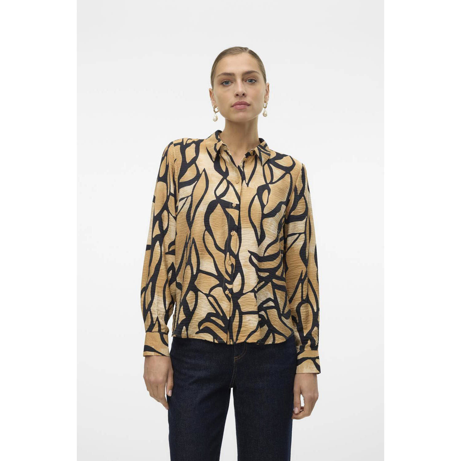 VERO MODA blouse VMMARTHA met grafische print bruin zwart