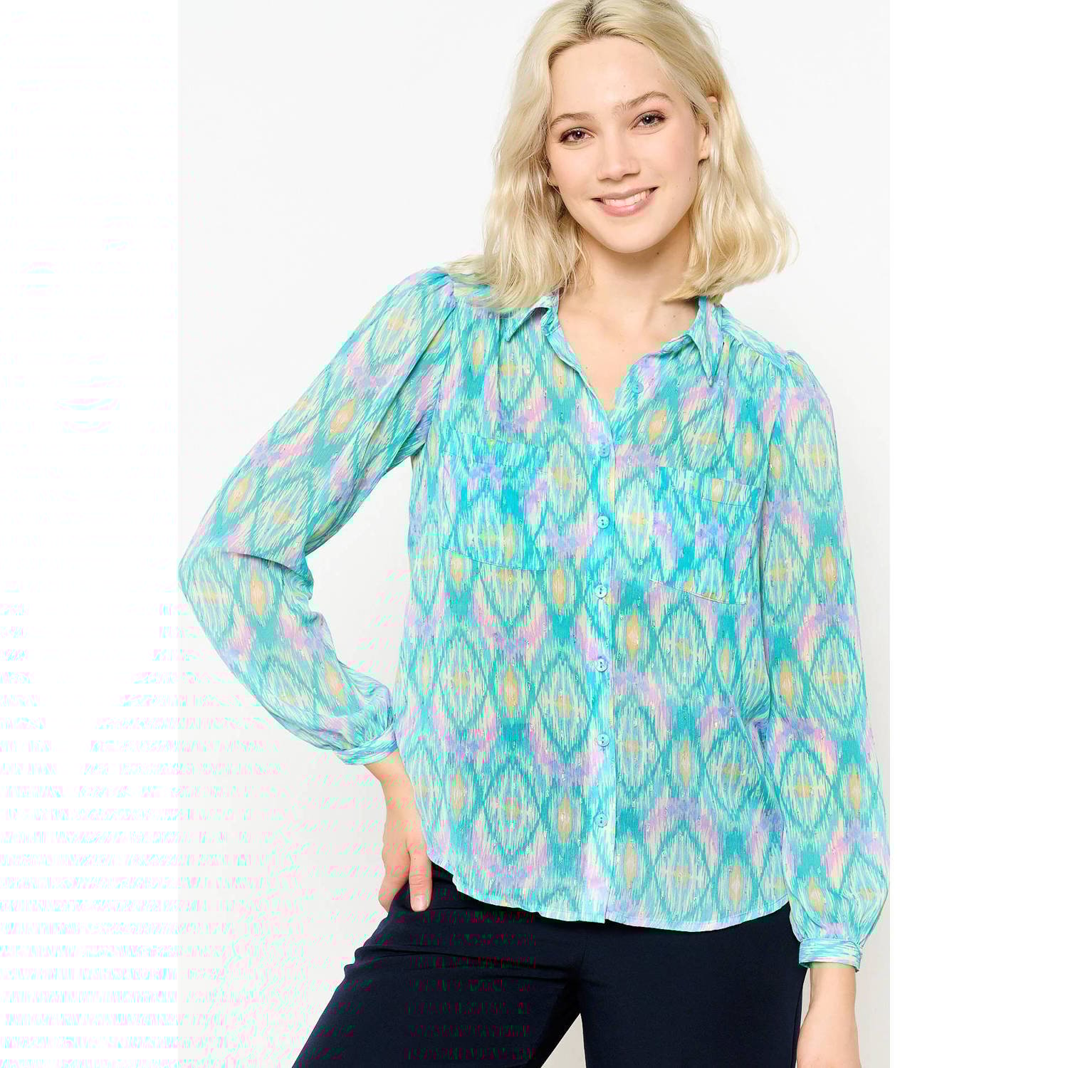 LOLALIZA blouse met all over print lichtblauw roze oranje