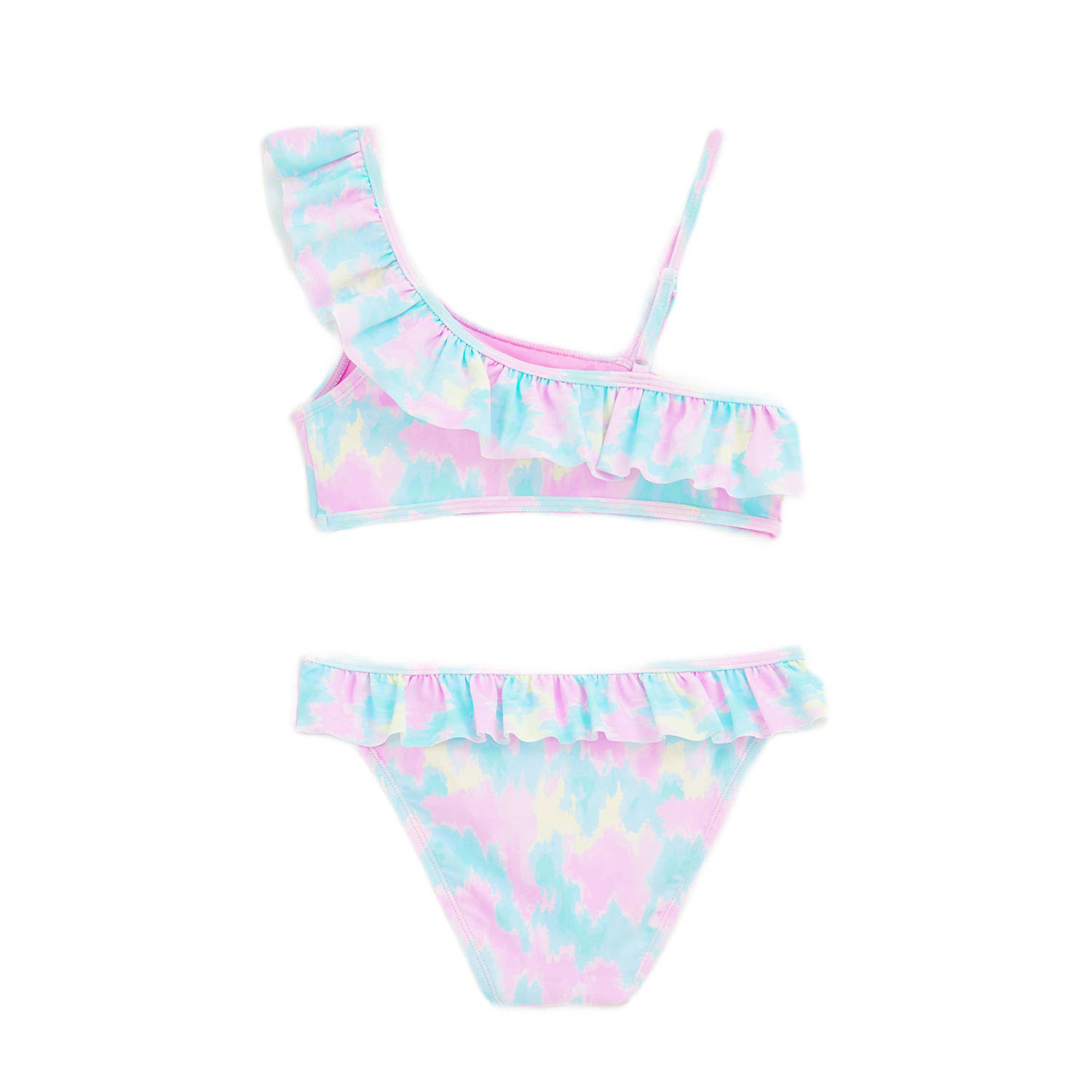 WE Fashion one shoulder bikini met ruches lichtblauw roze