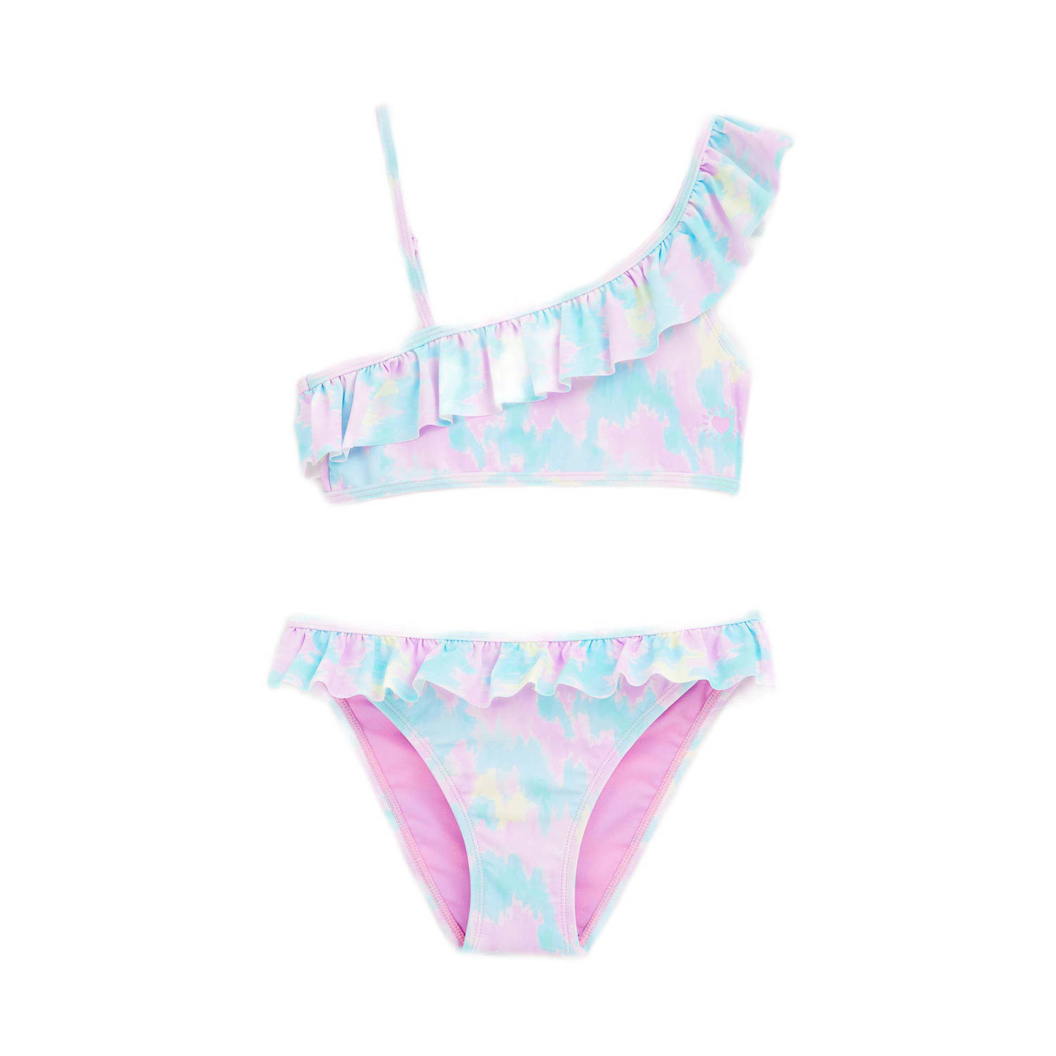 WE Fashion one shoulder bikini met ruches lichtblauw roze