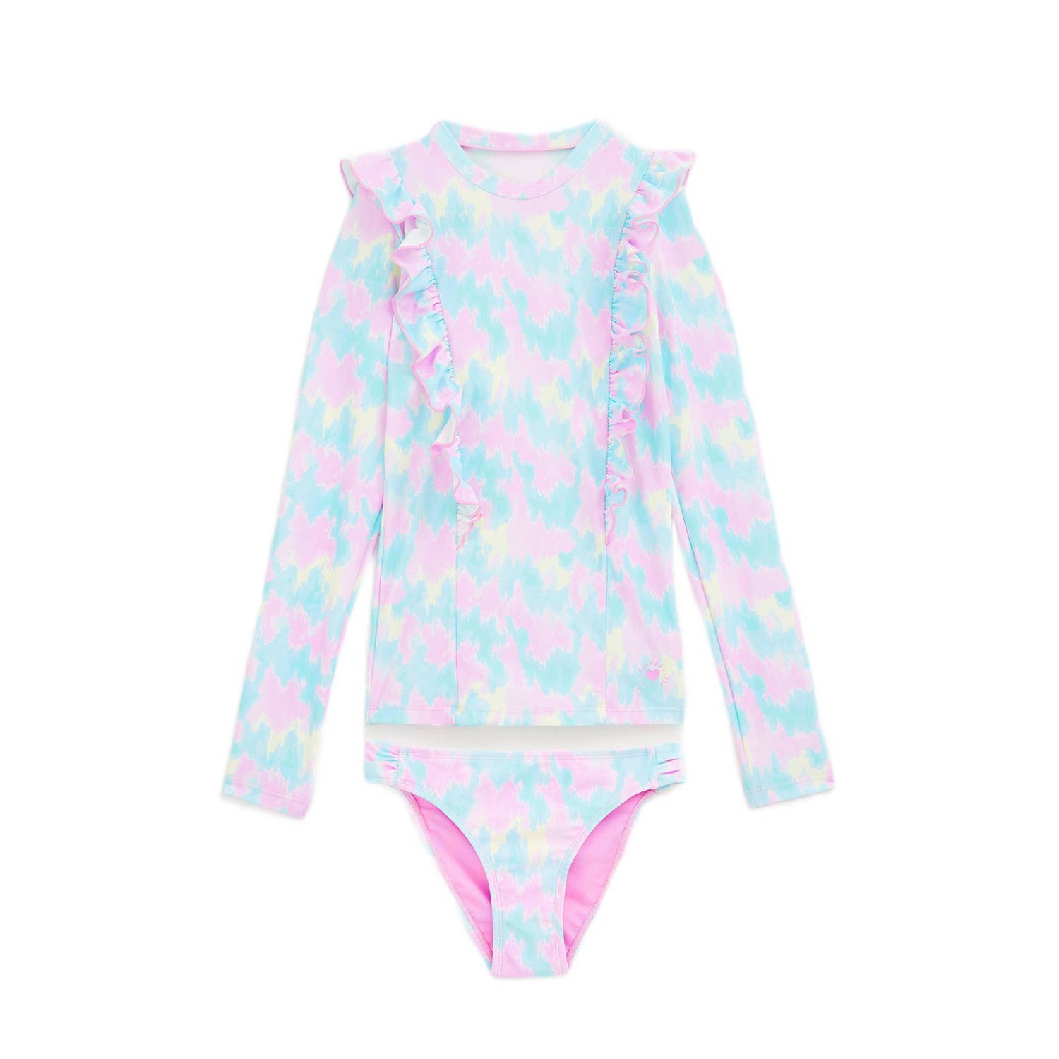 WE Fashion UV T-shirt met bikinibroekje lichtblauw roze UV shirt Meisjes Polyamide Ronde hals 110 116