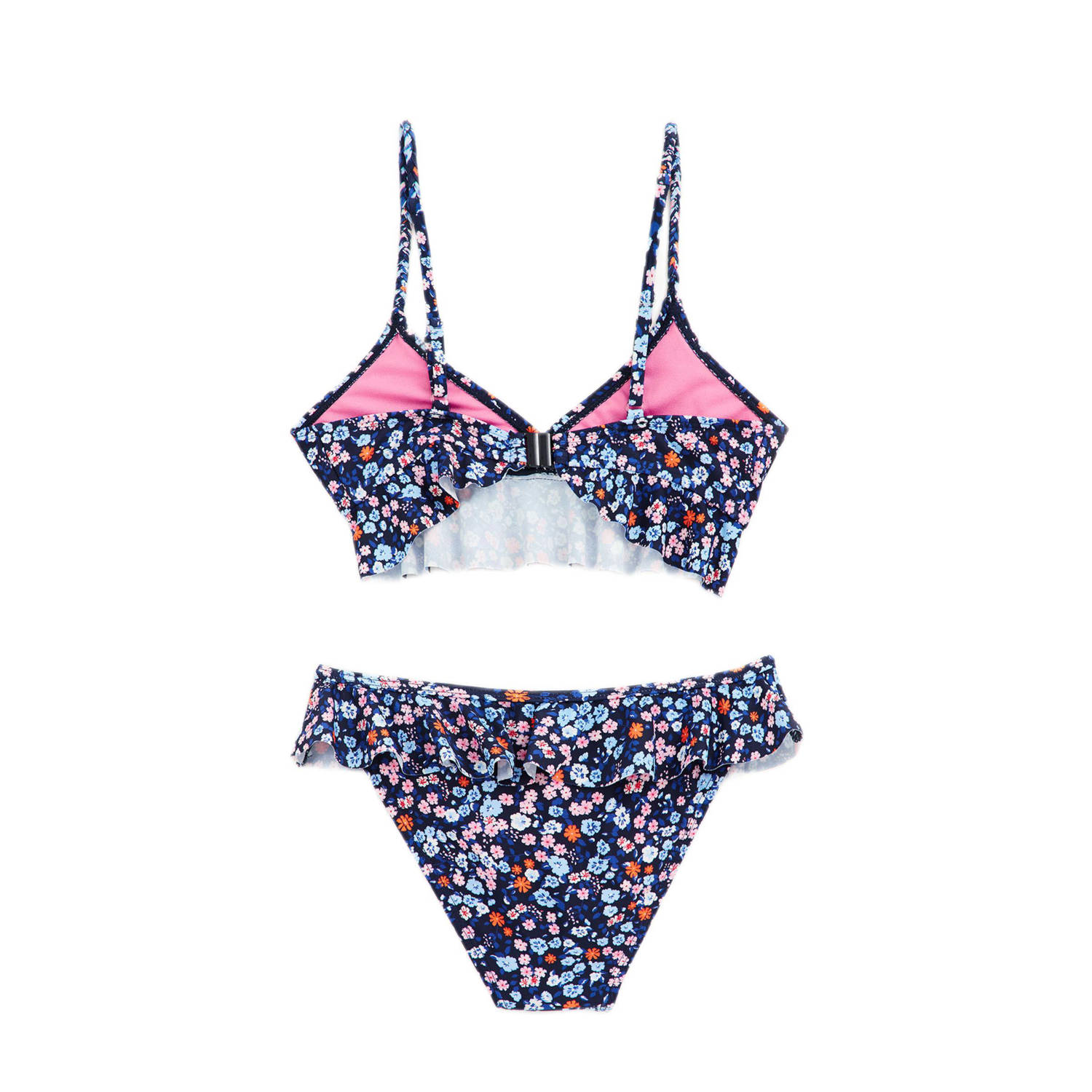 WE Fashion crop bikini met ruches donkerblauw roze