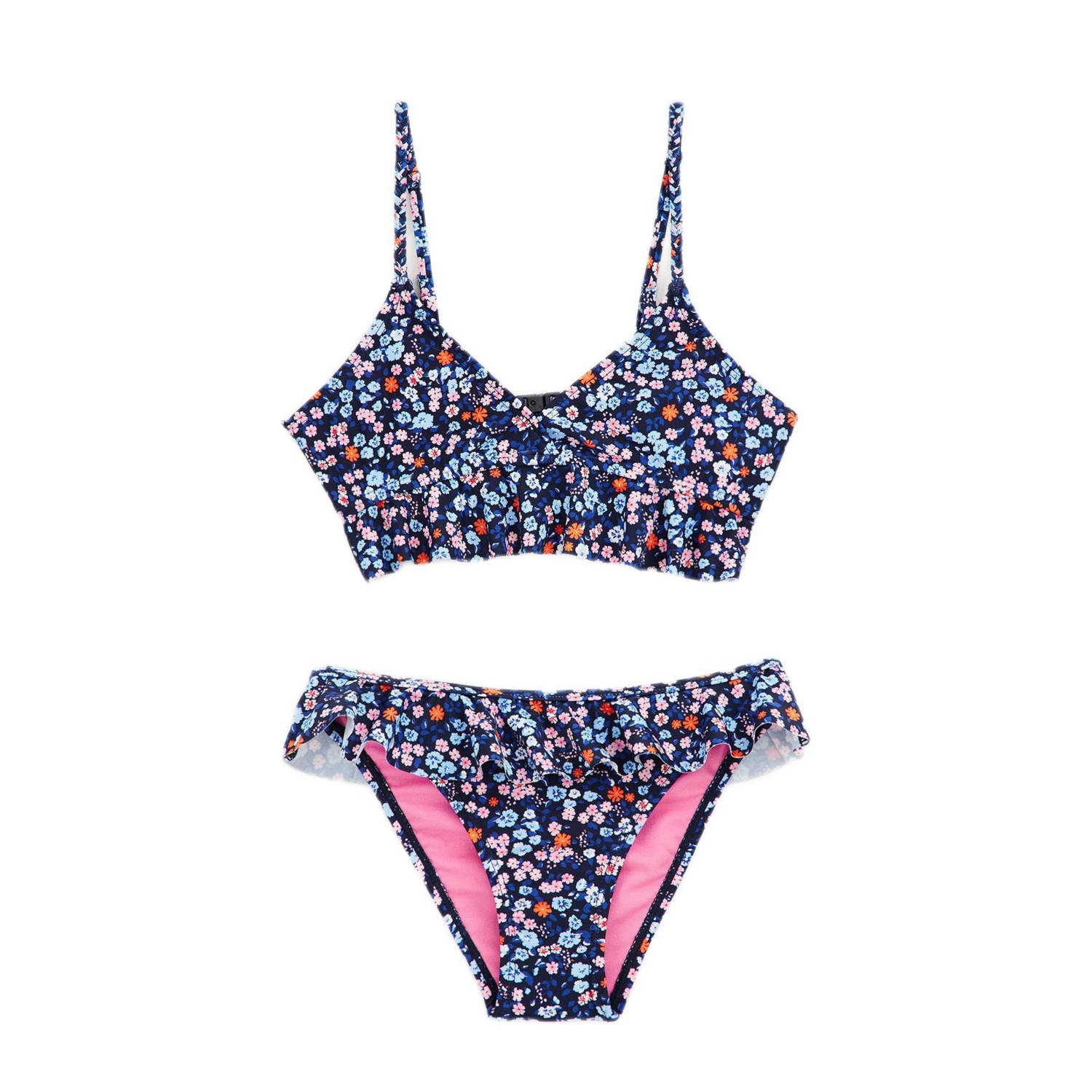 WE Fashion crop bikini met ruches donkerblauw roze Meisjes Polyamide 122 128