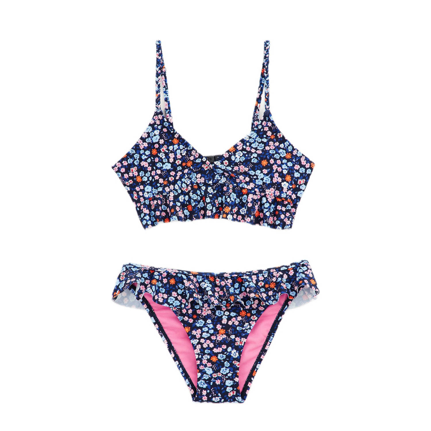 WE Fashion crop bikini met ruches donkerblauw roze Meisjes Gerecycled polyamide 122 128